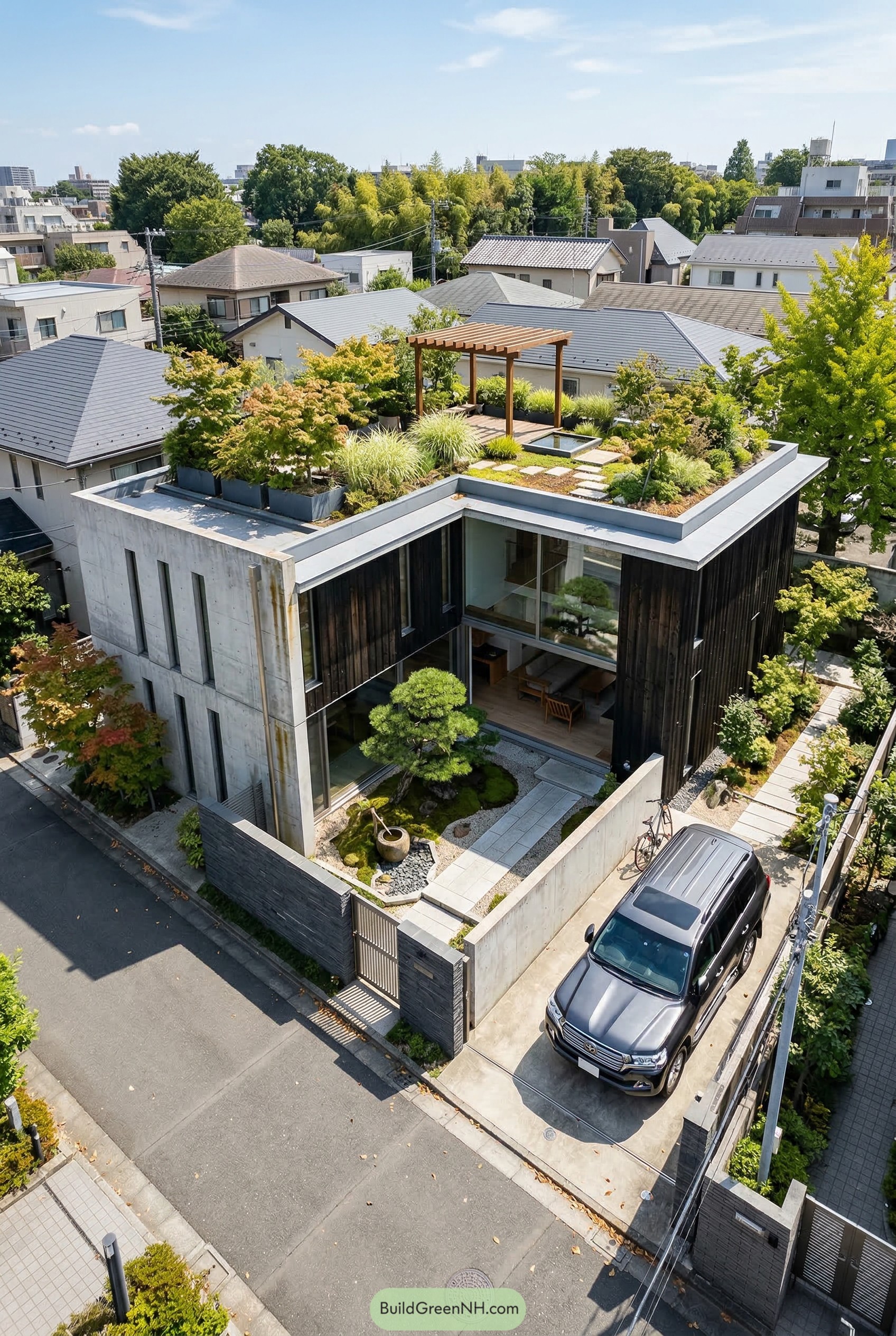 Modern Japanese home with rooftop garden and pergola