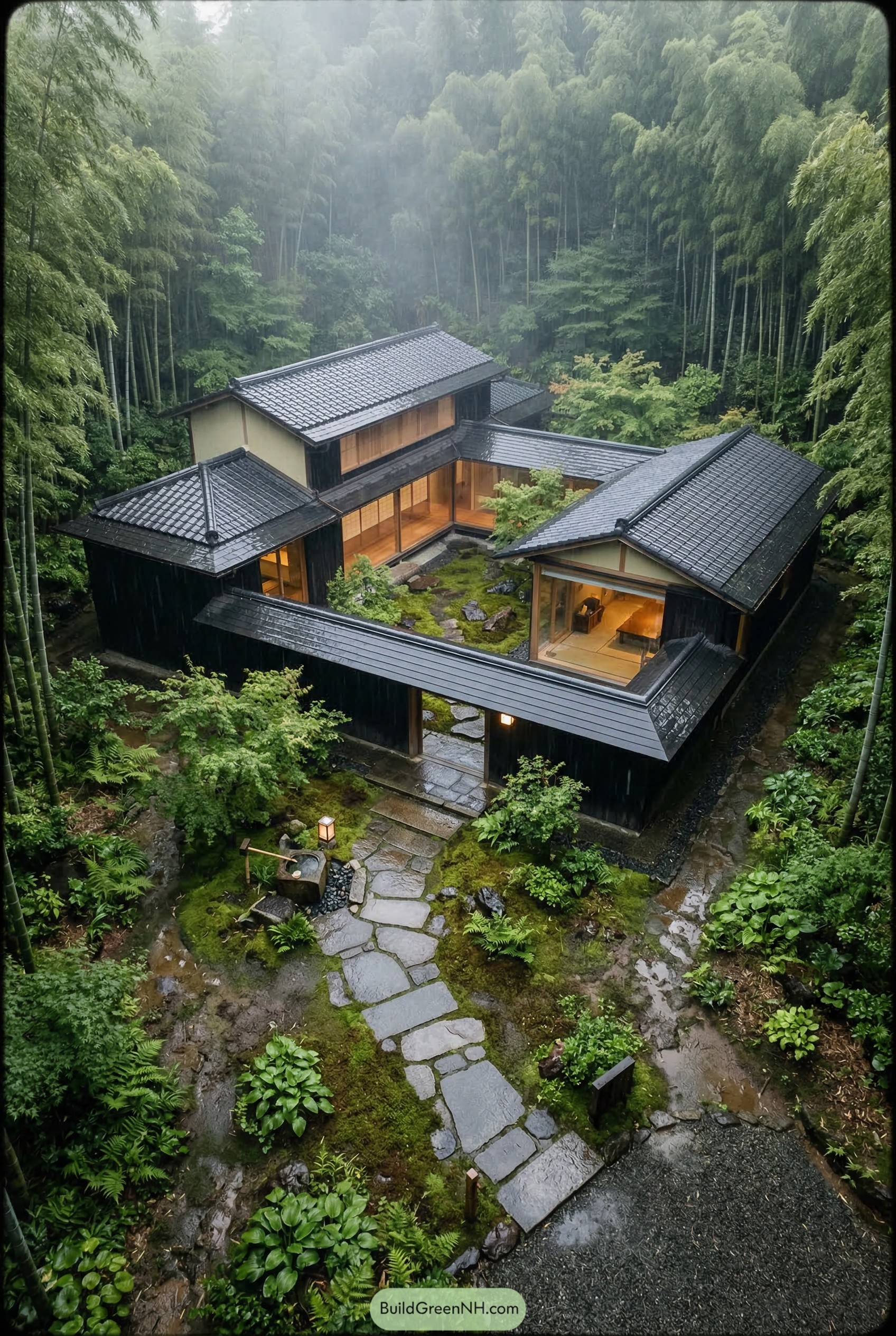 Japanese courtyard house surrounded by bamboo forest