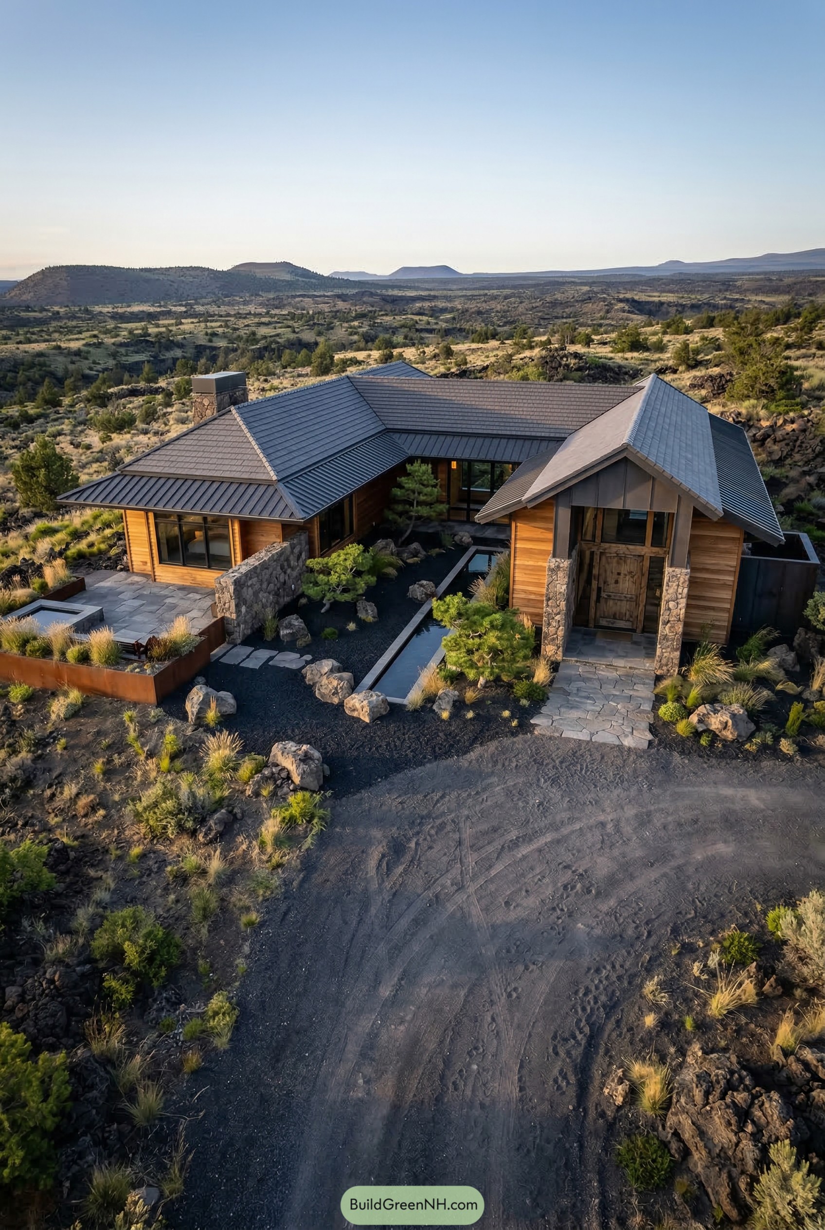 Wood and stone house with inner reflecting pool