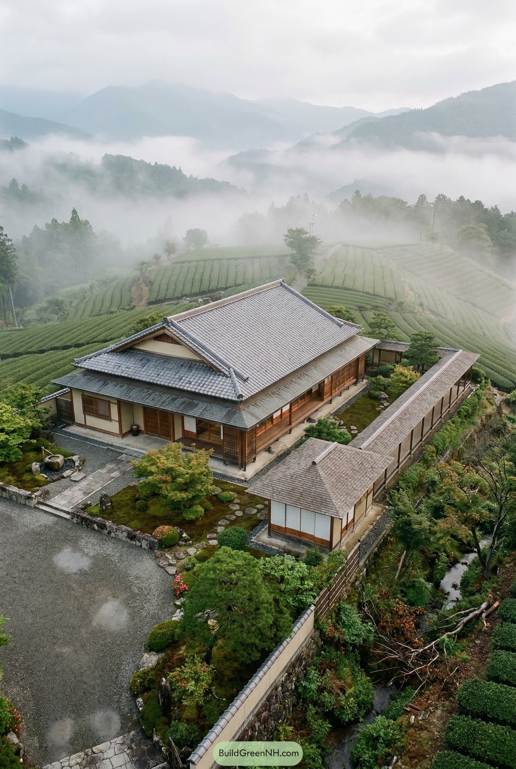 Traditional Japanese house beside misty tea terraces
