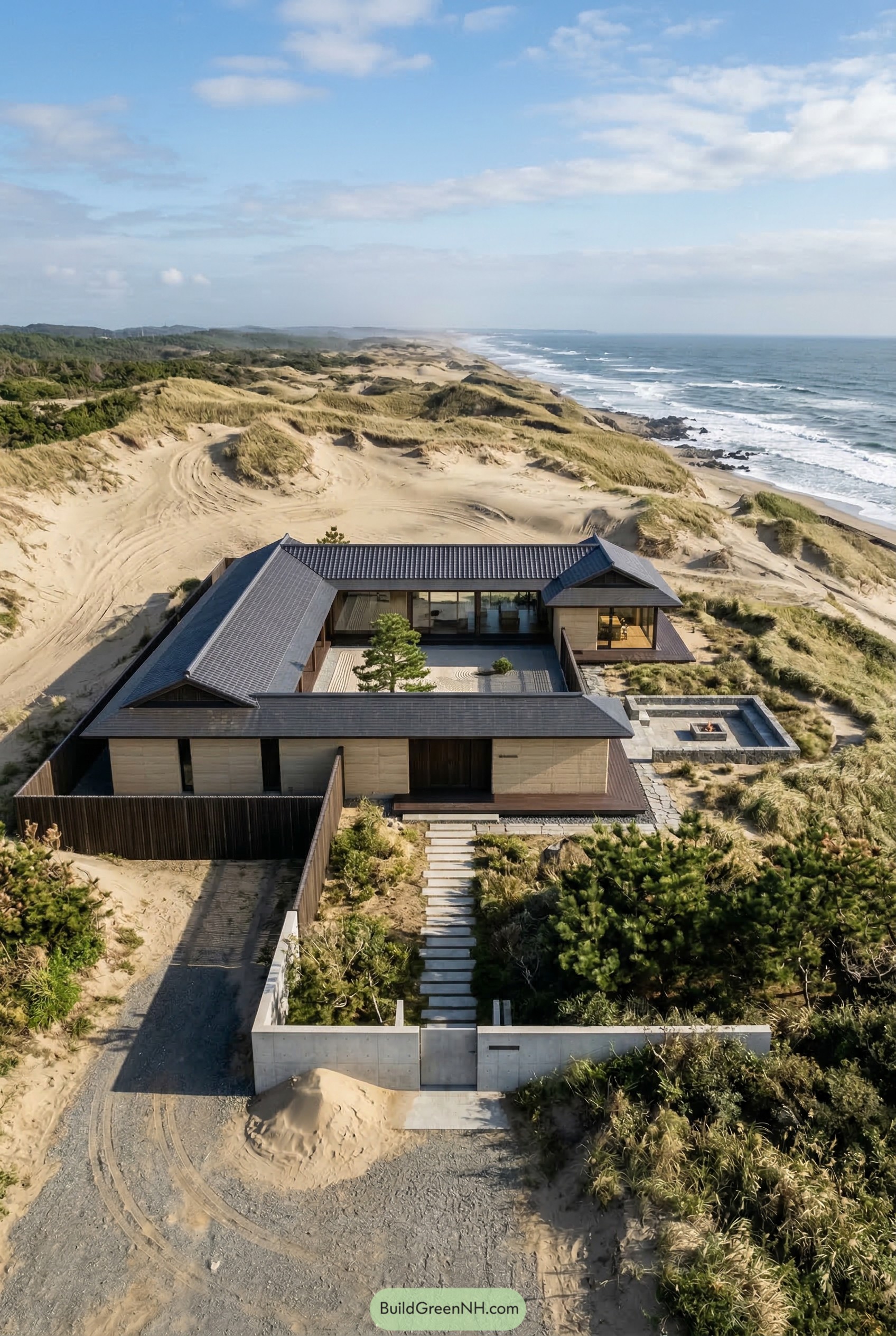 Japanese courtyard home among coastal dunes