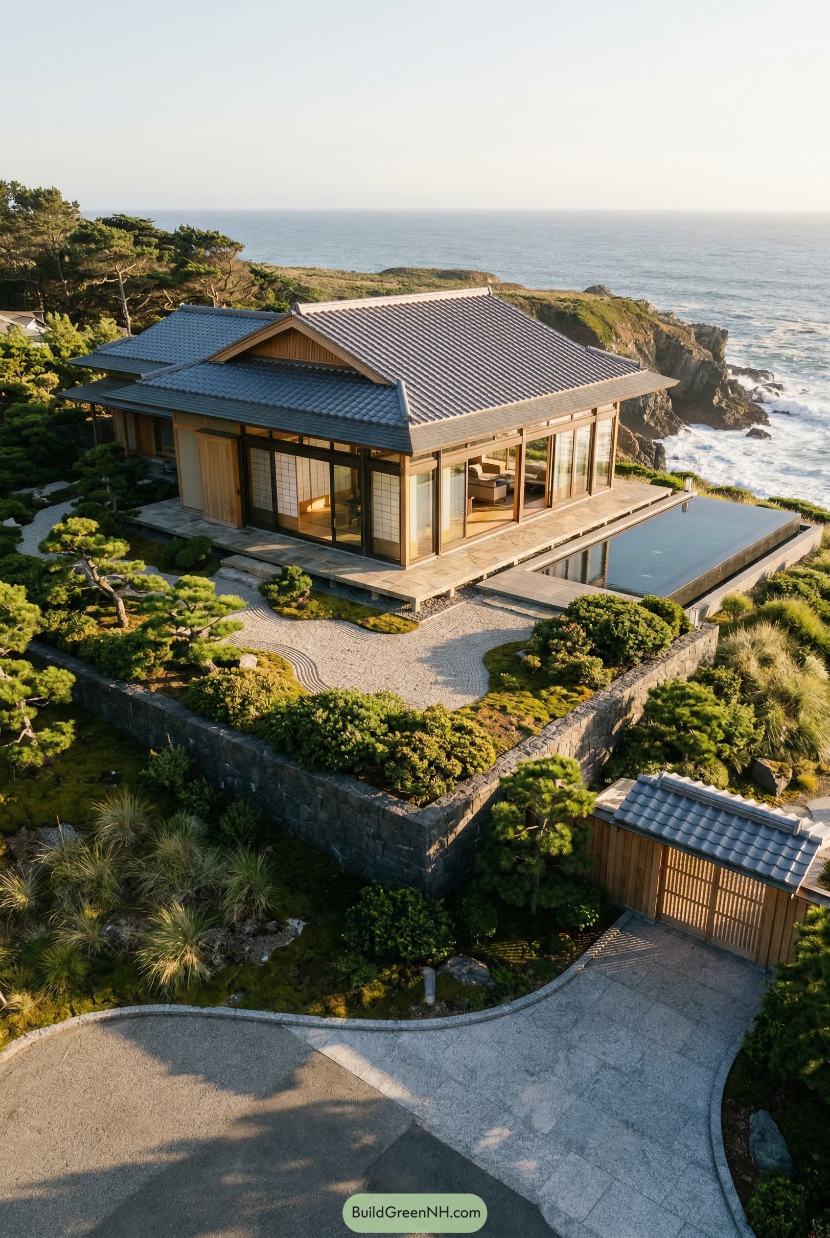 Japanese cliffside house with reflecting pool