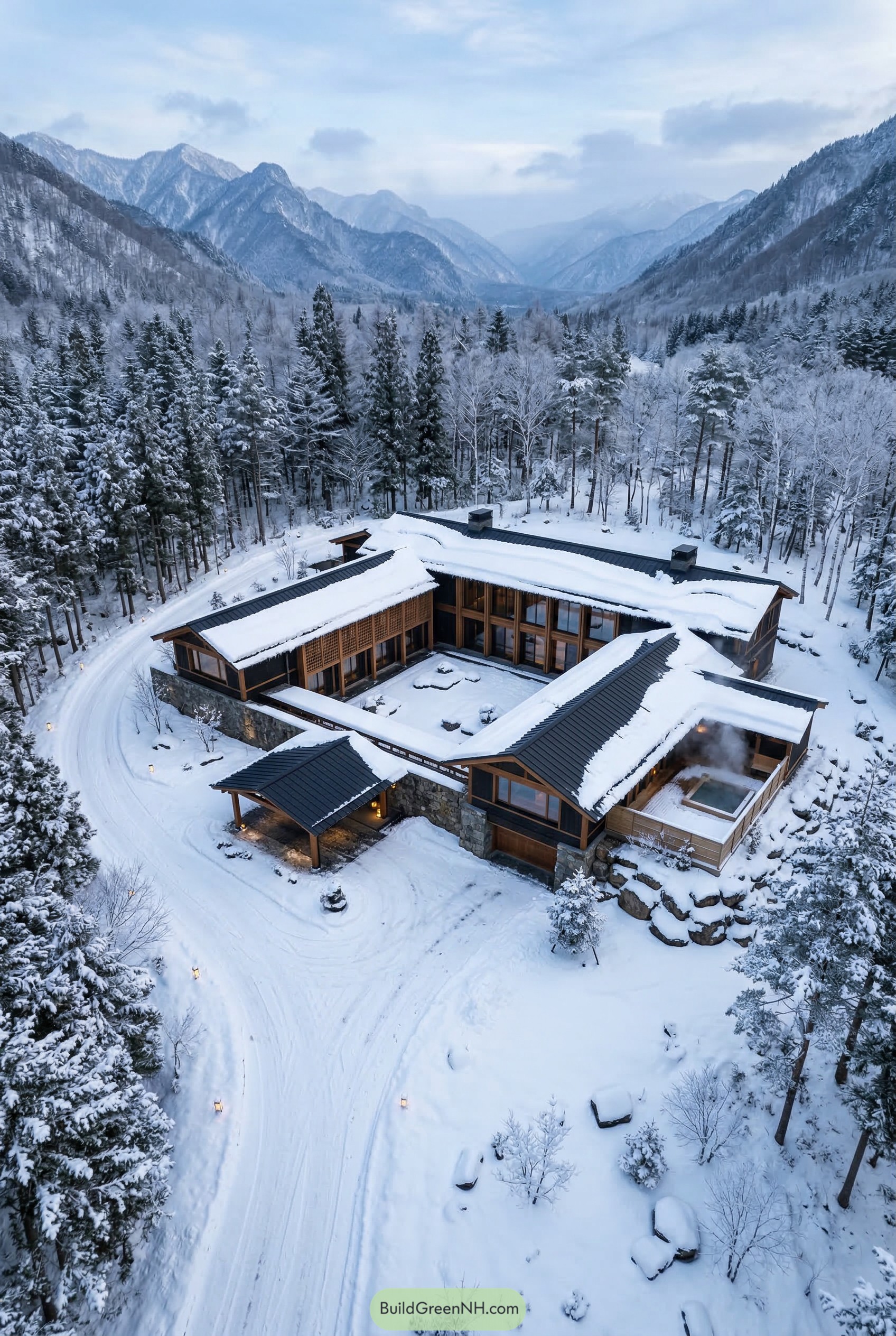 Snow covered Japanese mansion with courtyard and onsen