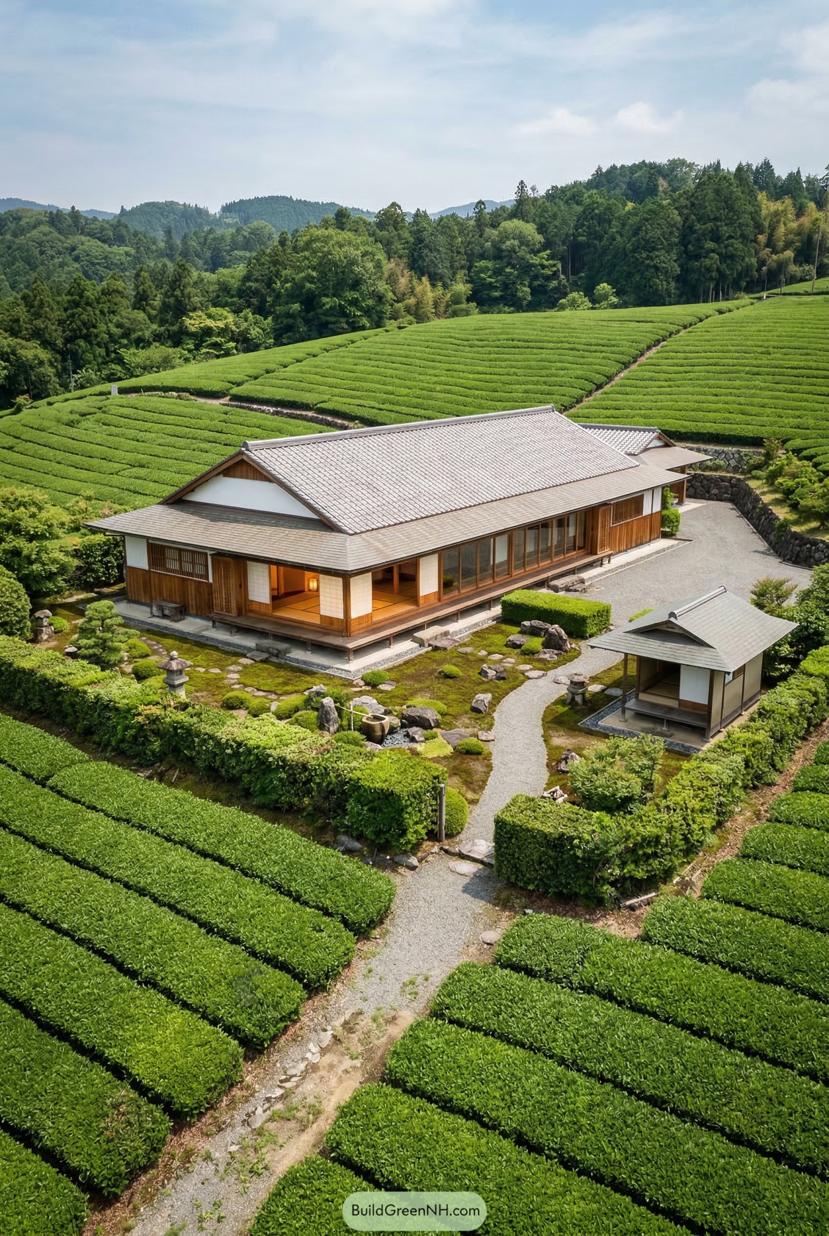 Traditional wooden mansion surrounded by tea fields