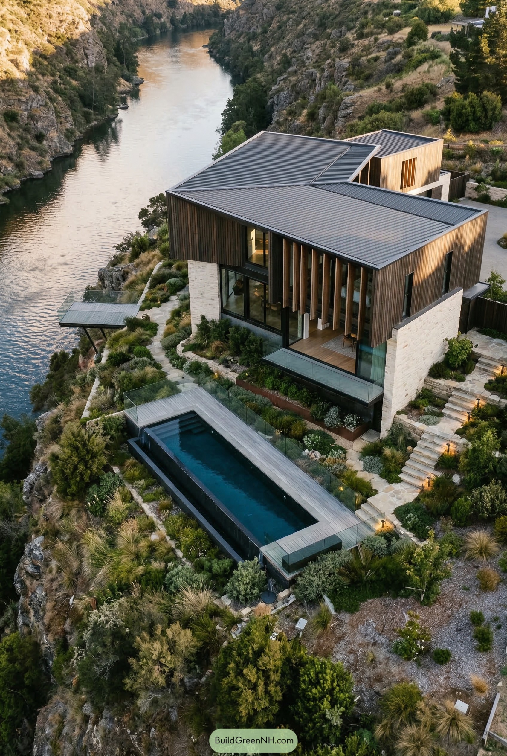Cliffside modern mansion with lap pool above river