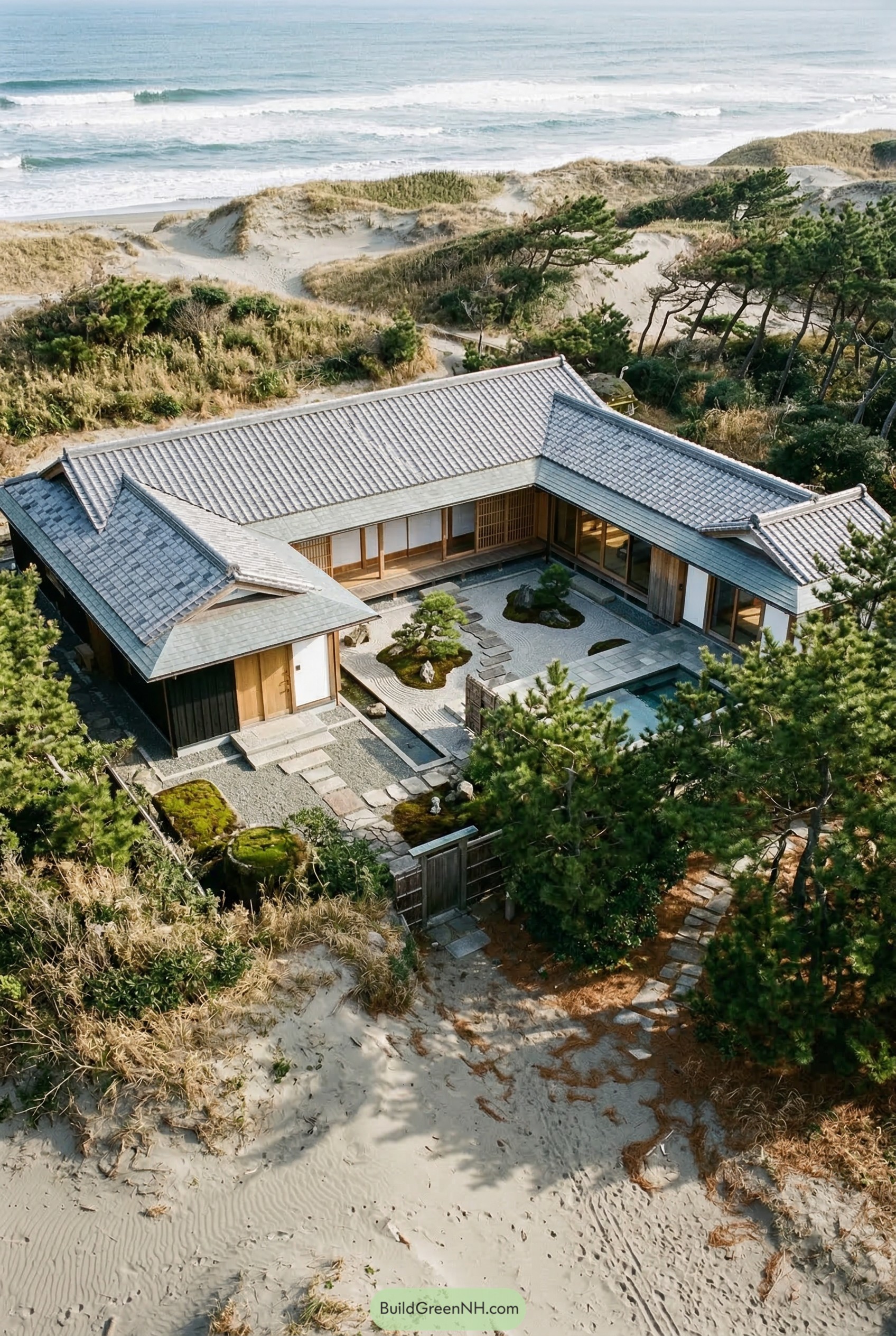 Japanese coastal home with gravel courtyard