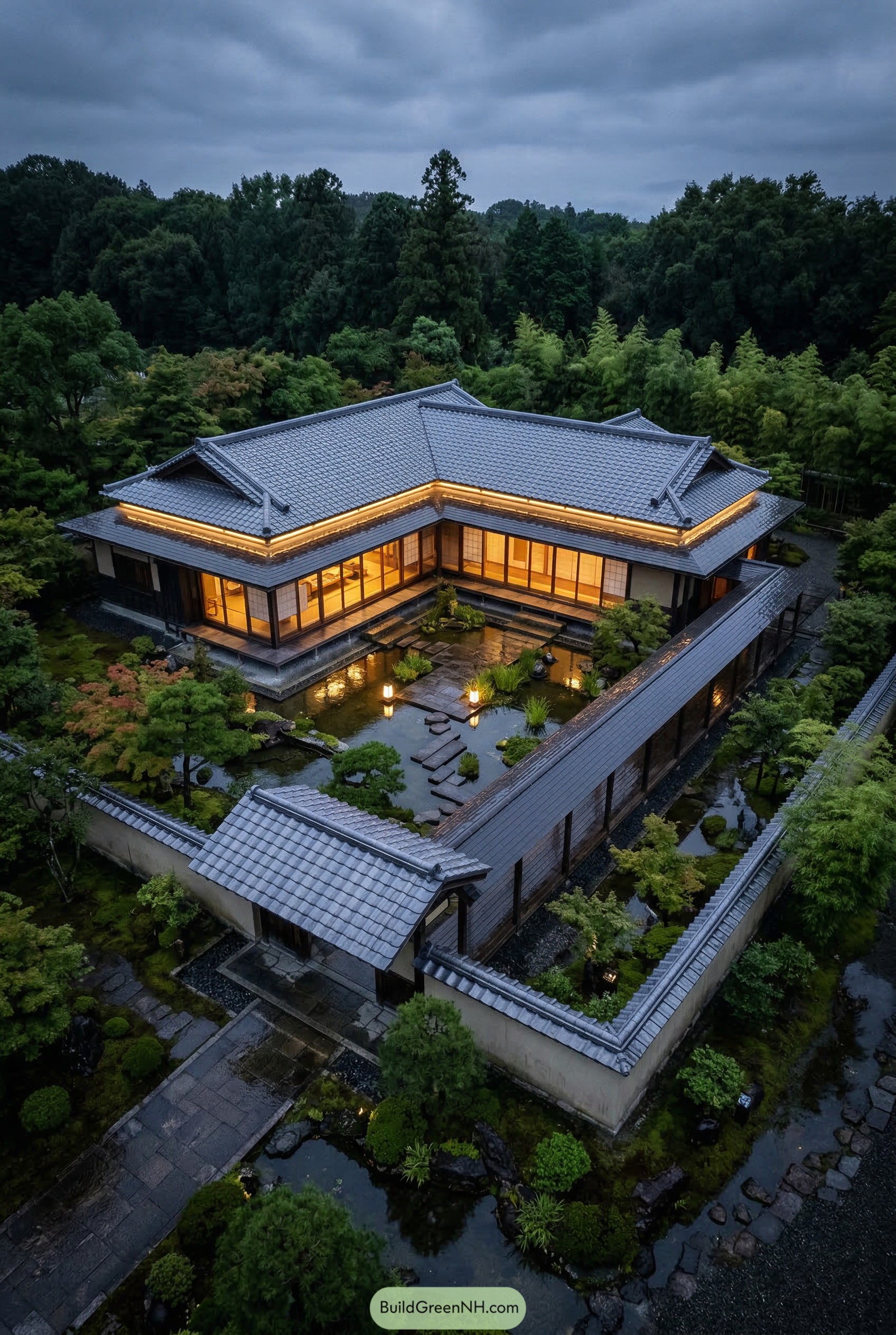 Traditional Japanese mansion with a pond courtyard