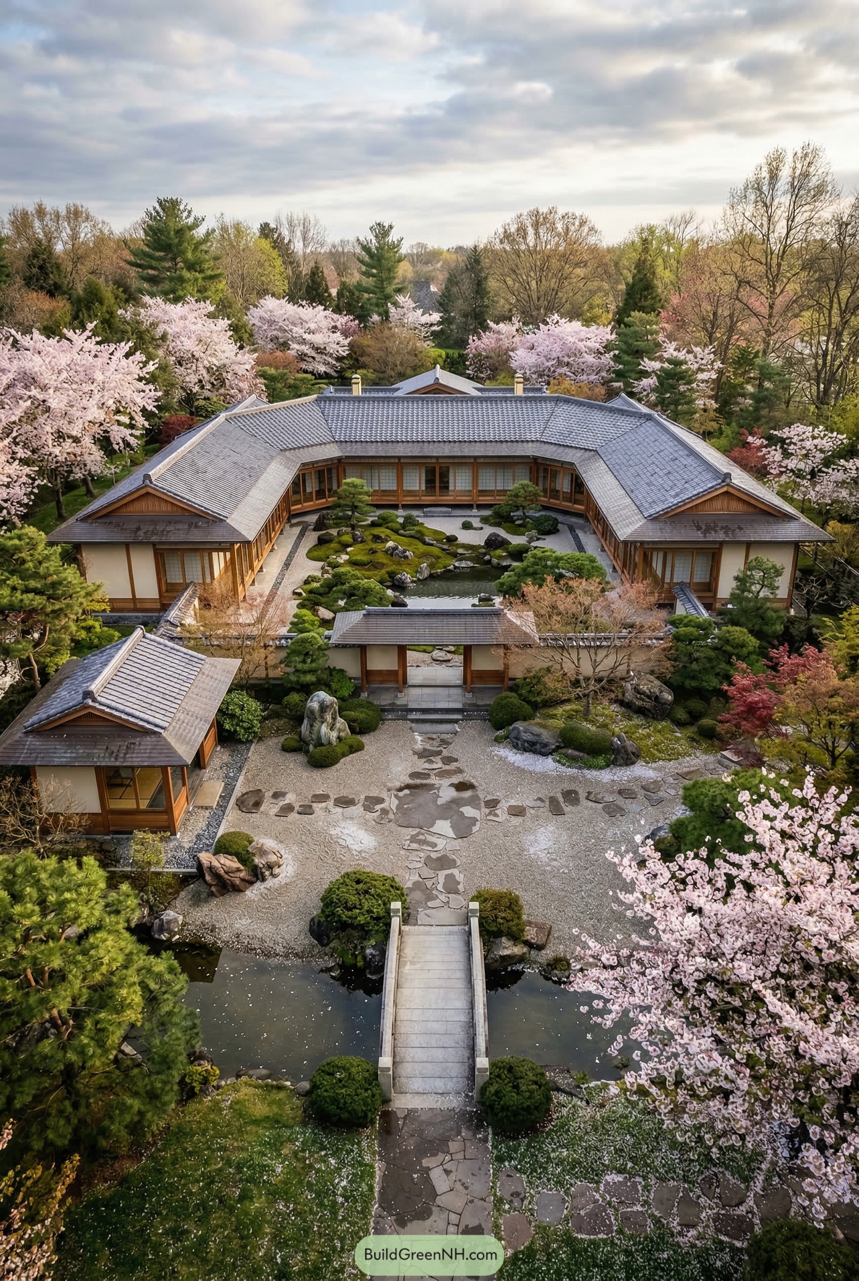 Japanese courtyard mansion with pond and cherry trees