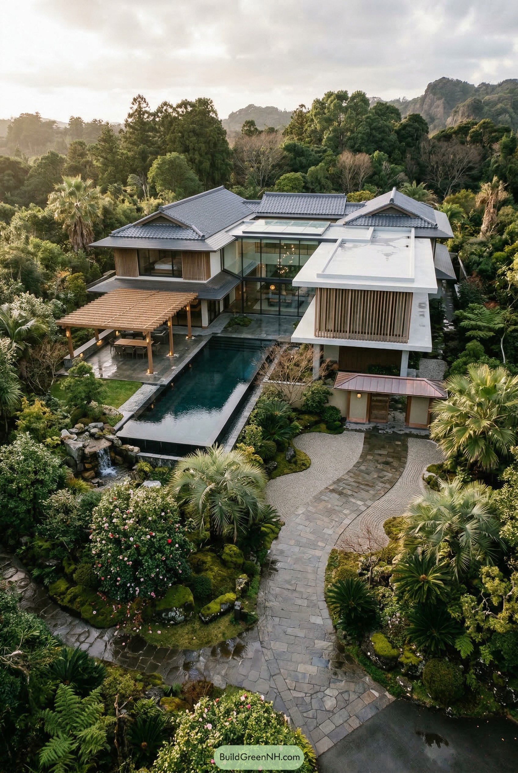 Japanese mansion with lap pool and tropical garden