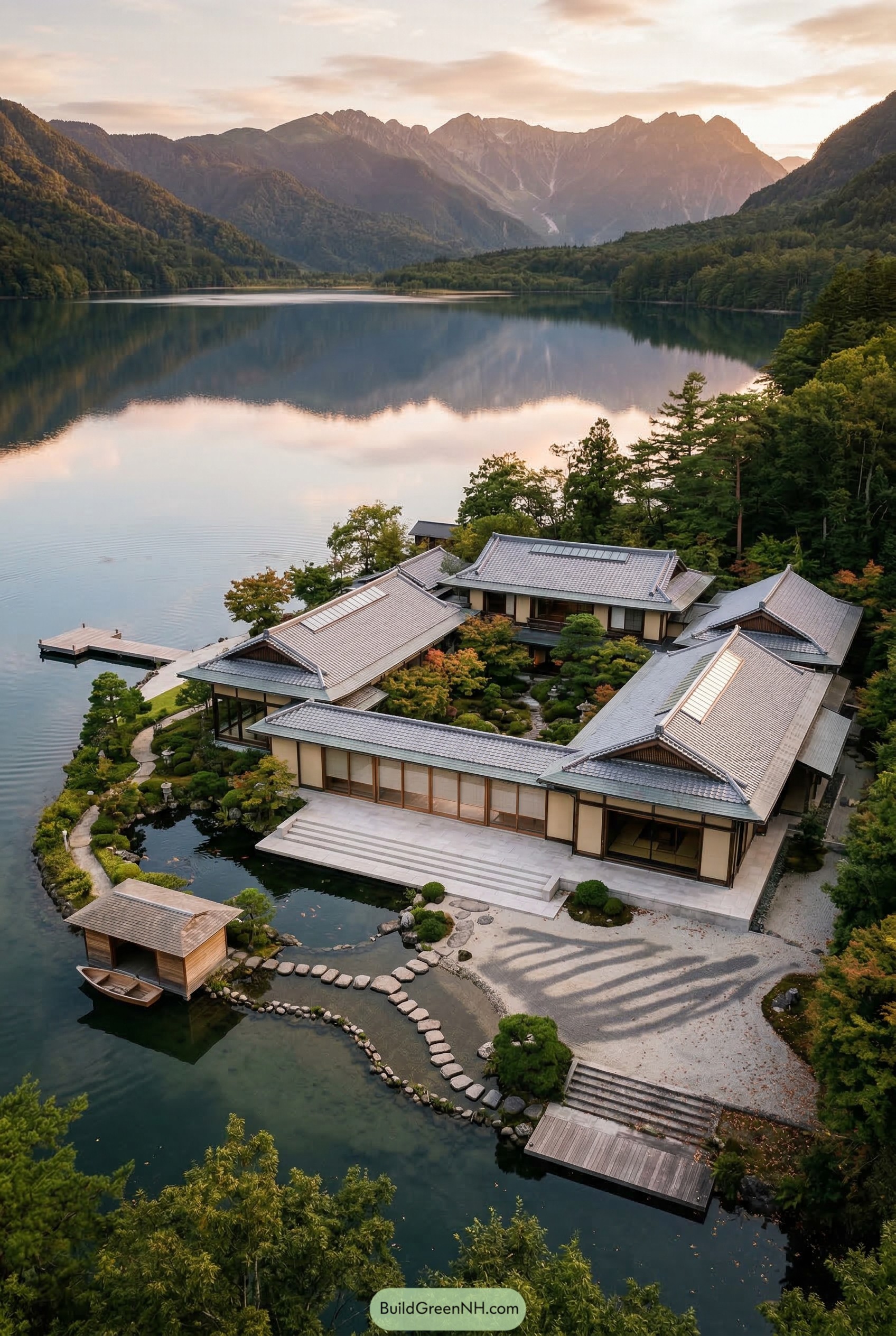 Japanese mansion beside a calm mountain lake