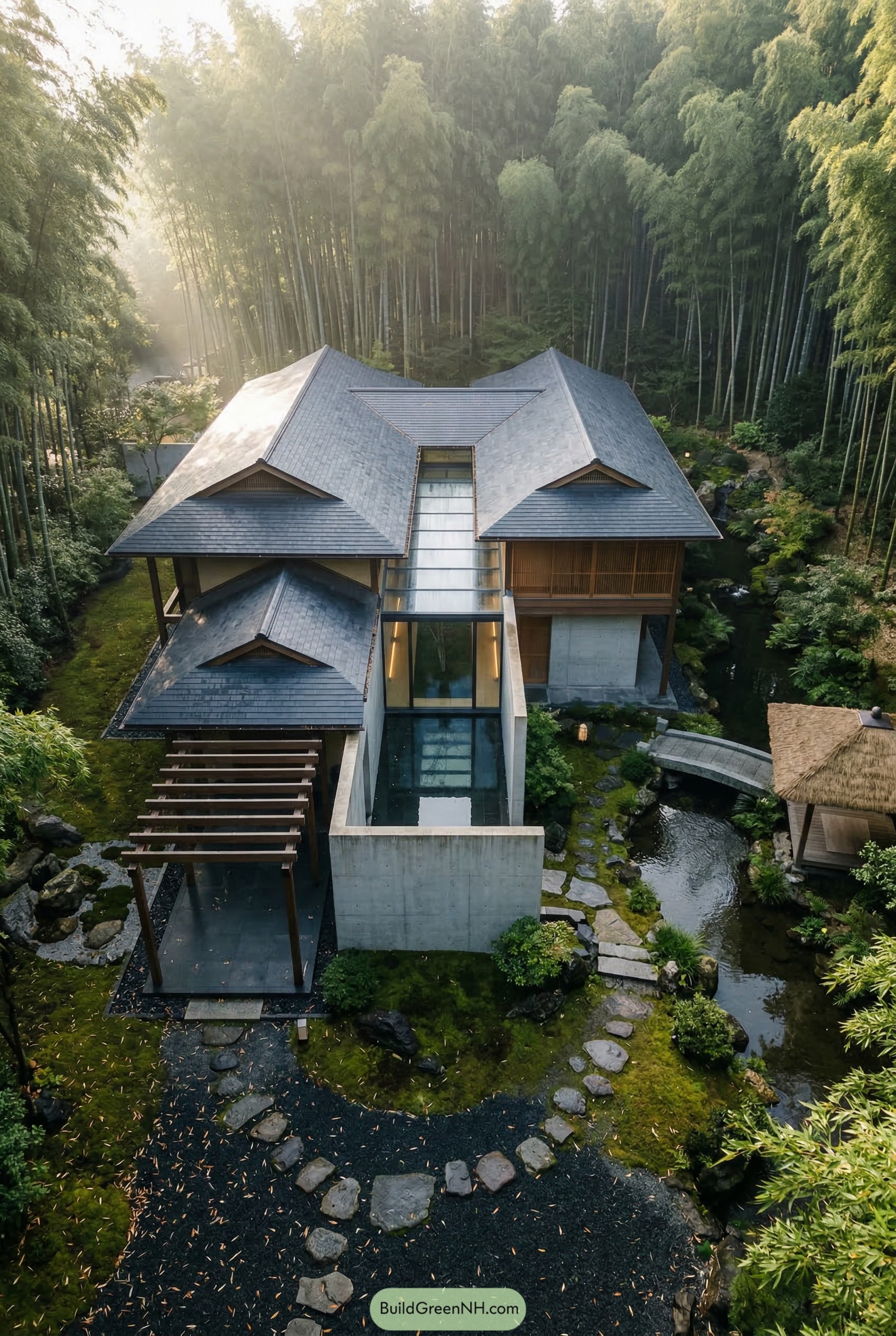 Japanese mansion with layered roofs and pond in a bamboo grove