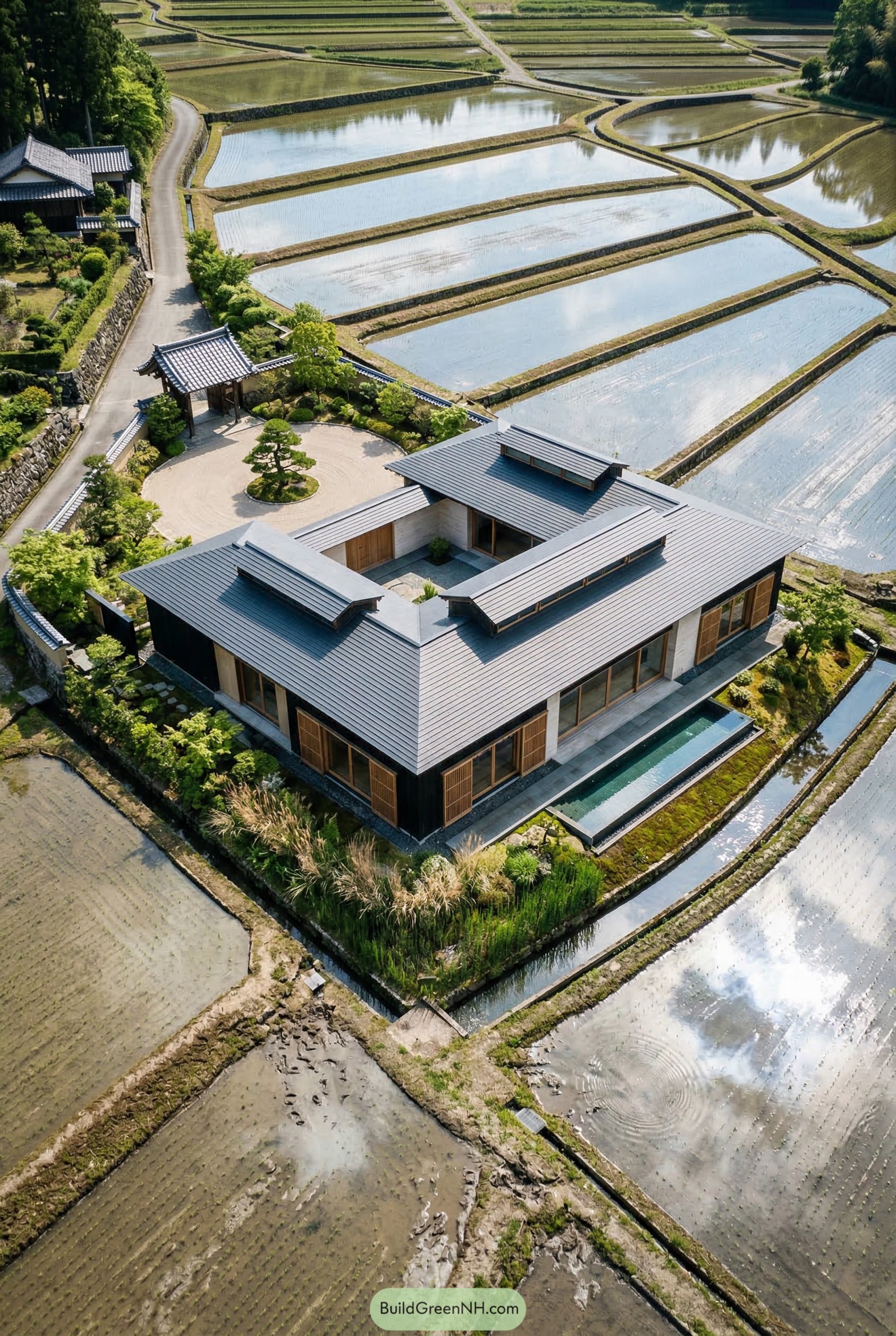 Modern Japanese courtyard mansion surrounded by rice paddies