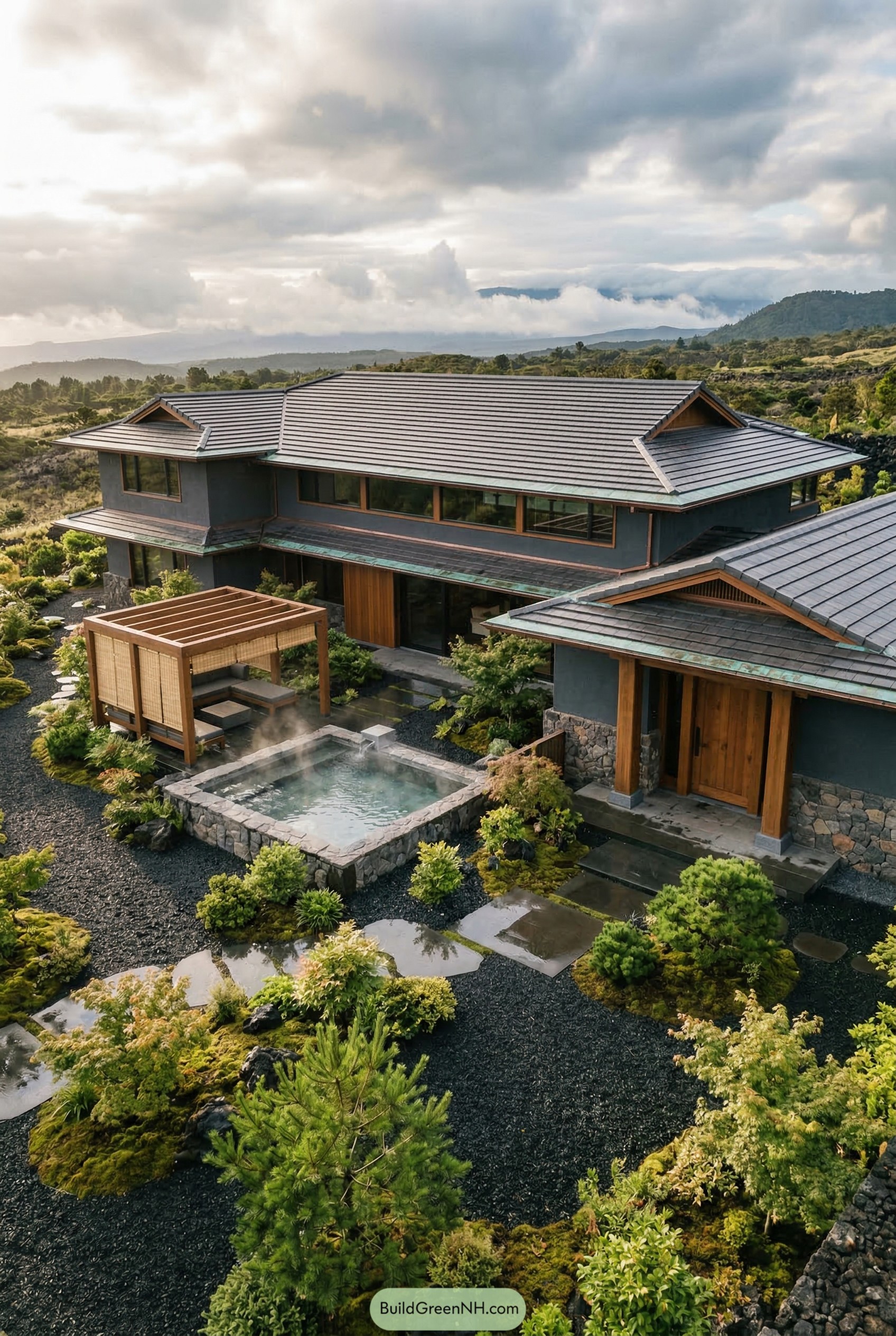 Japanese mansion with stone onsen courtyard