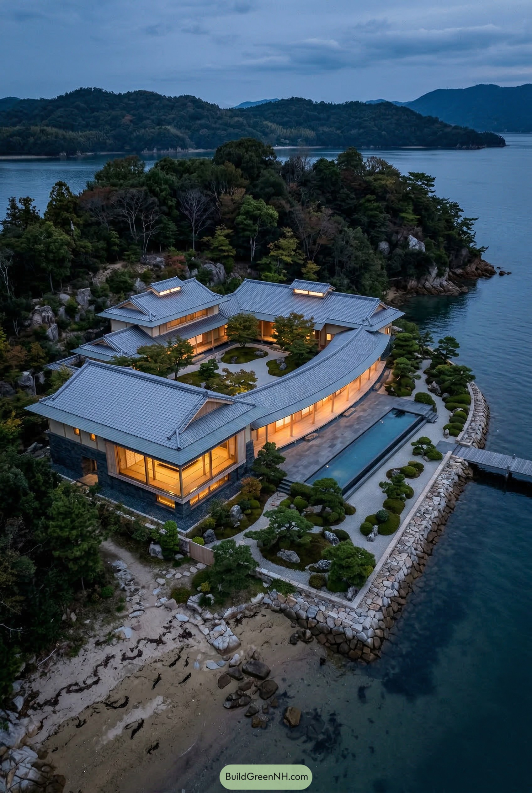 Curved Japanese mansion on a wooded waterfront point