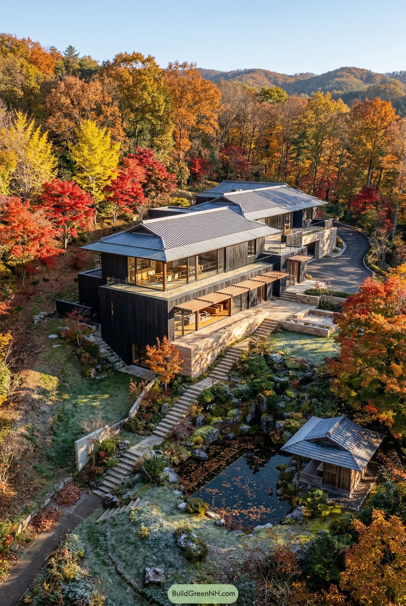 Terraced Japanese mansion above a pond in autumn woods