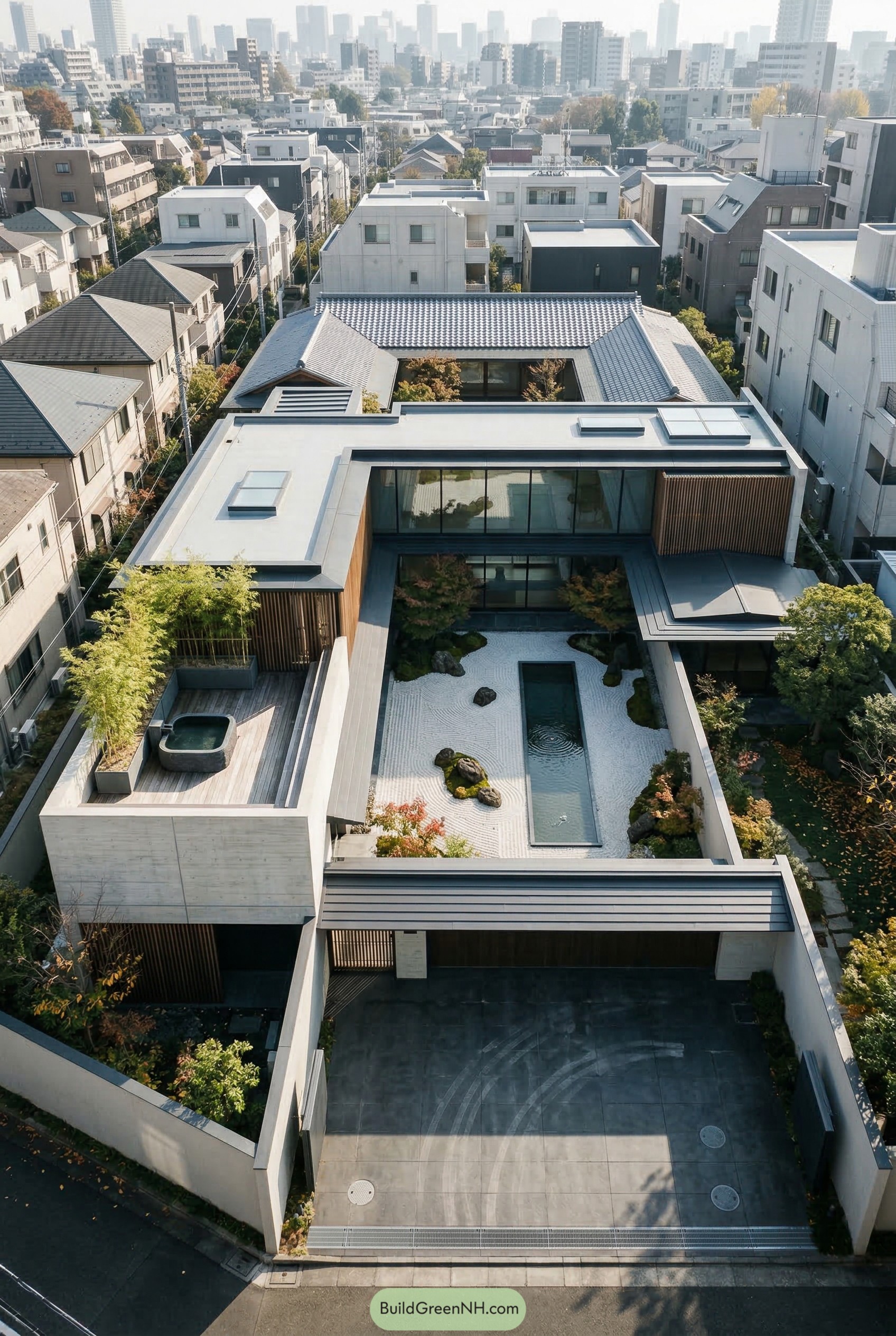 Aerial view of modern courtyard mansion with zen garden and pool