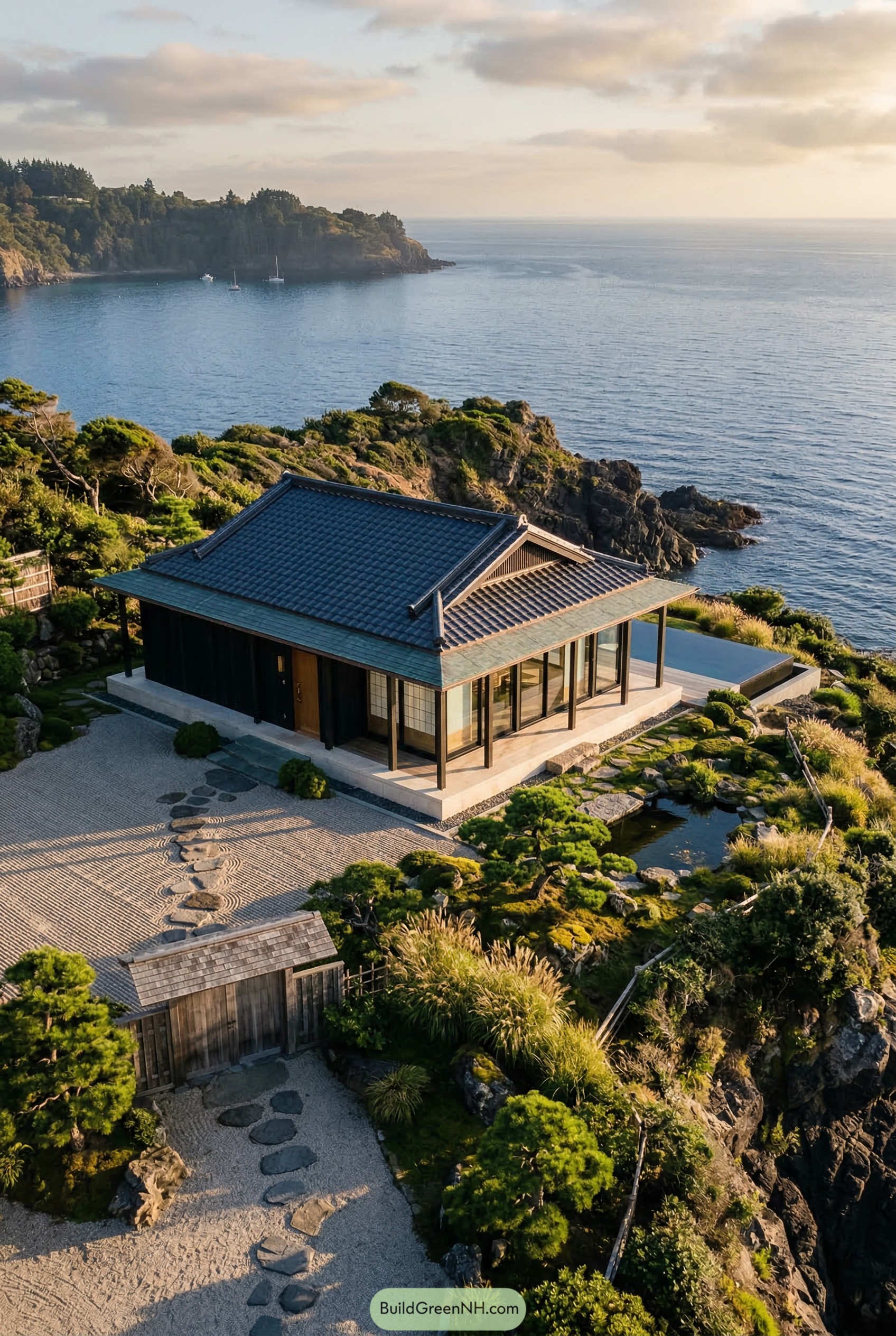Japanese style villa on a rocky seaside cliff