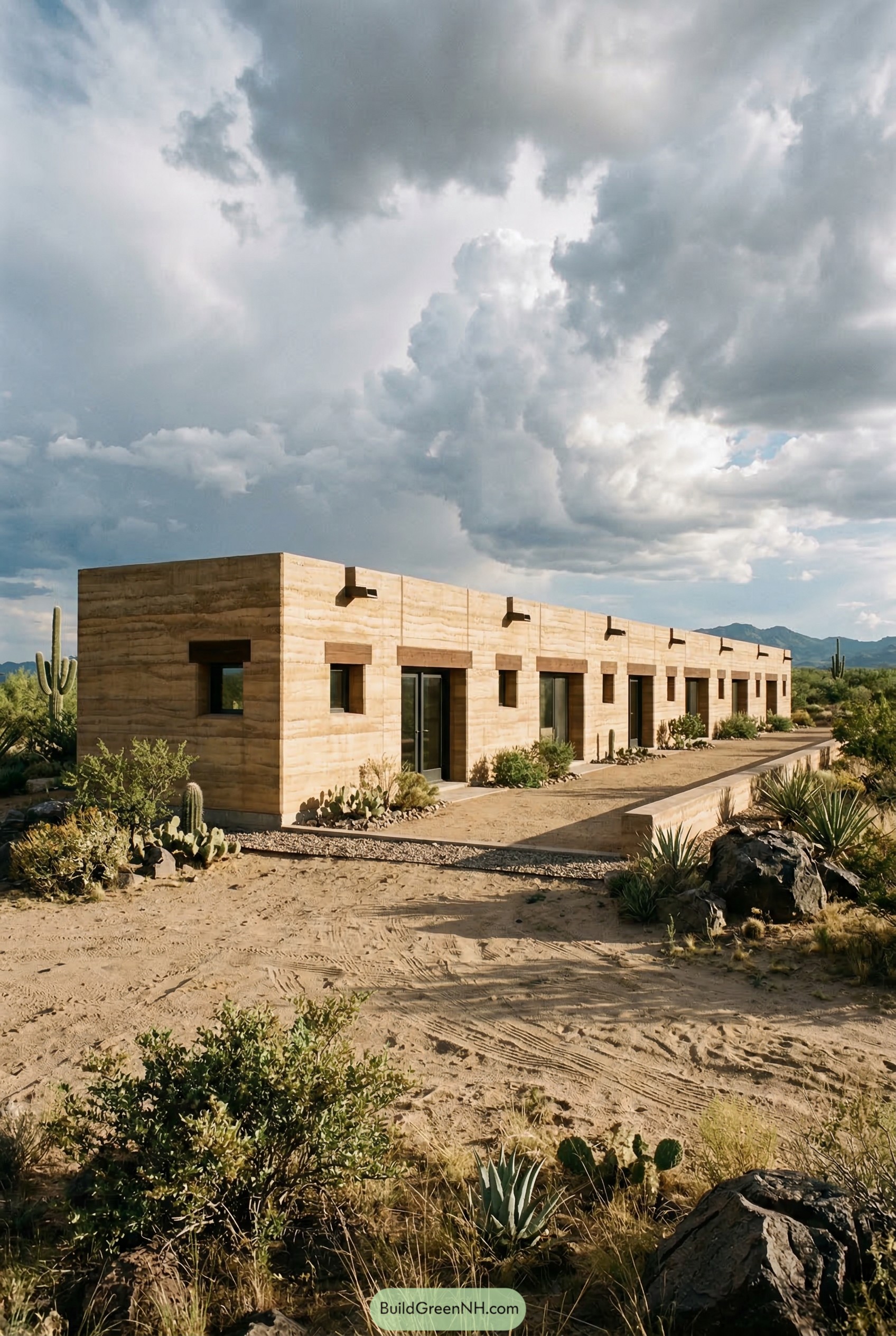 Modern rammed earth longhouse in desert landscape
