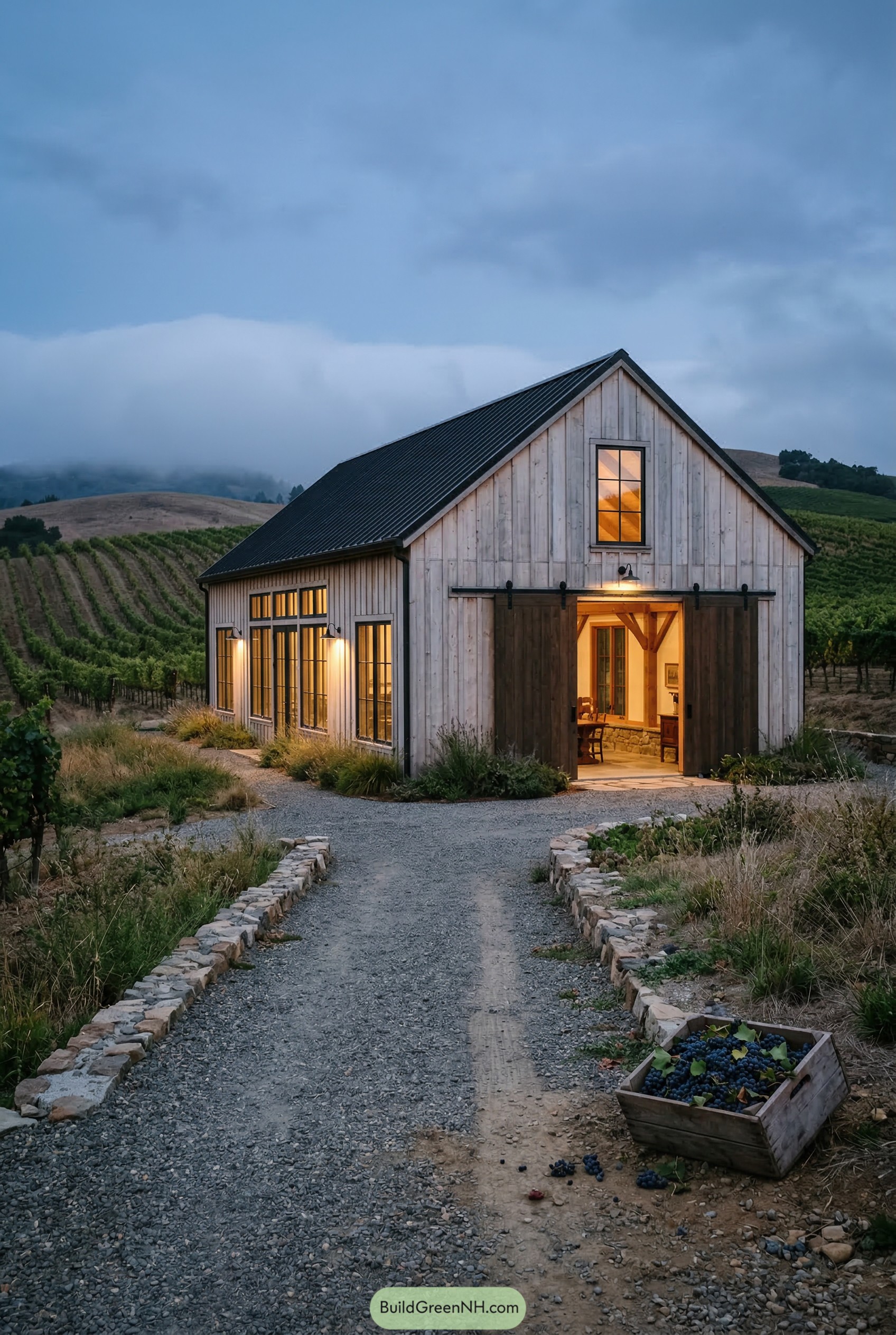 Barn style timber longhouse beside vineyard at dusk
