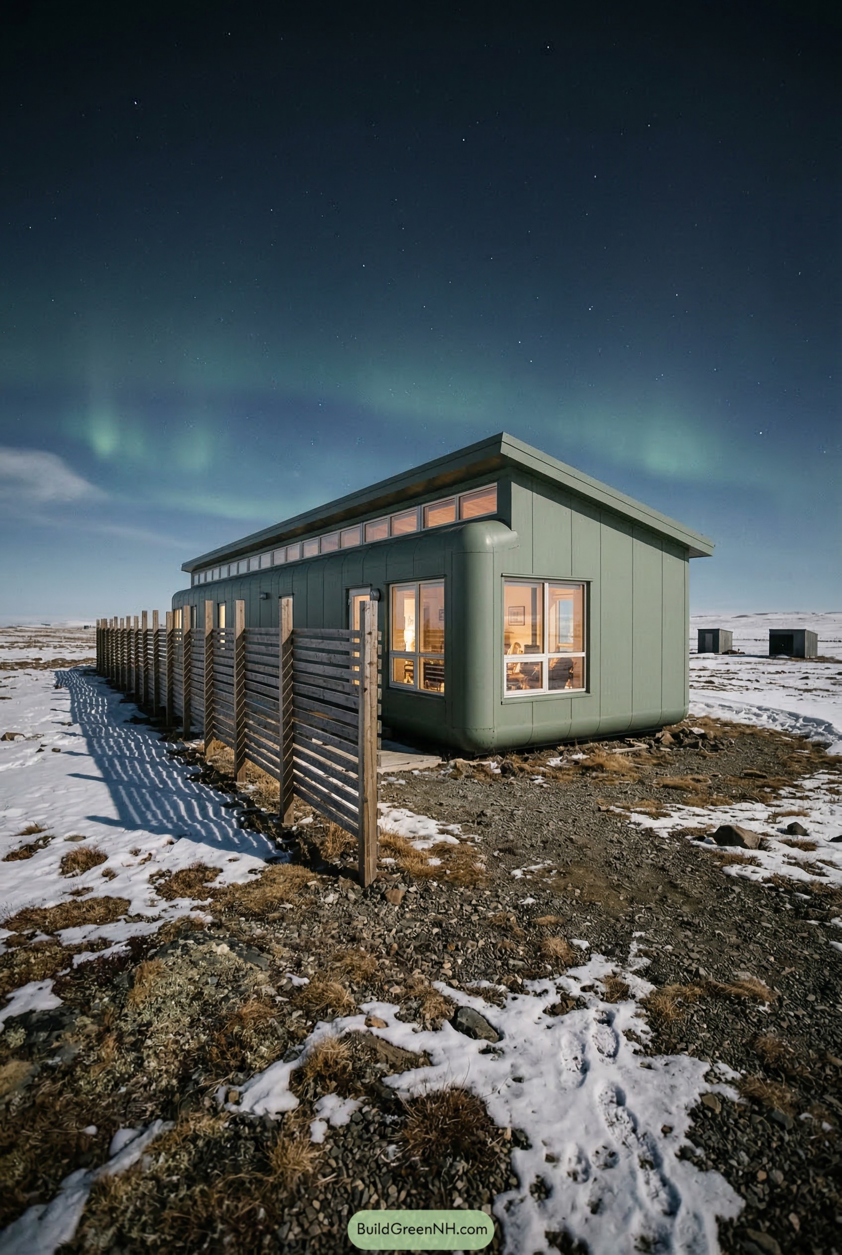 Green longhouse on snowy tundra beneath aurora