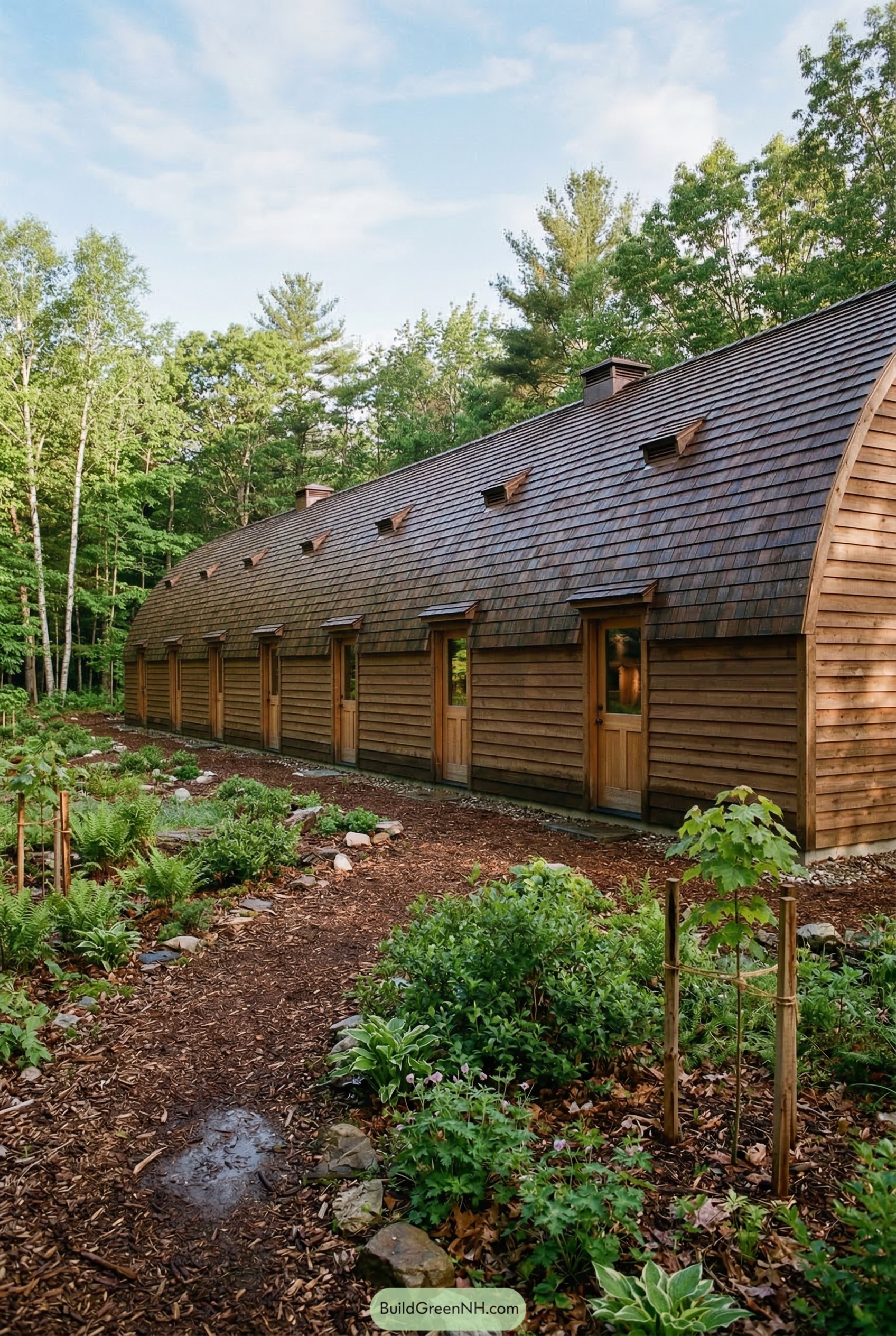 Curved timber longhouse beside a forest garden