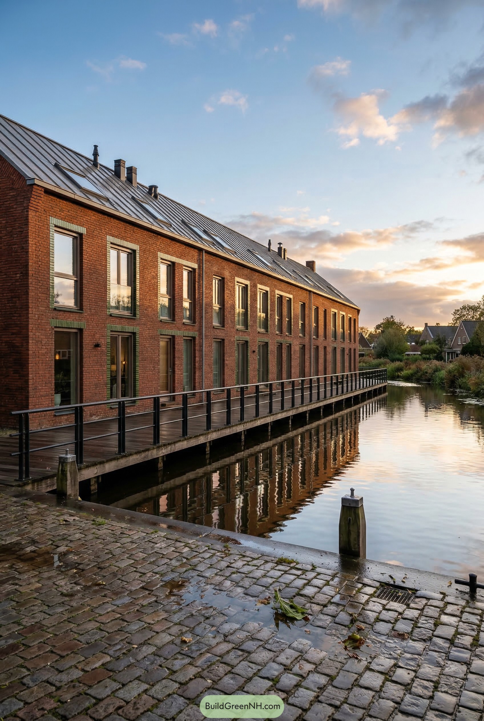 Red brick longhouse beside a canal