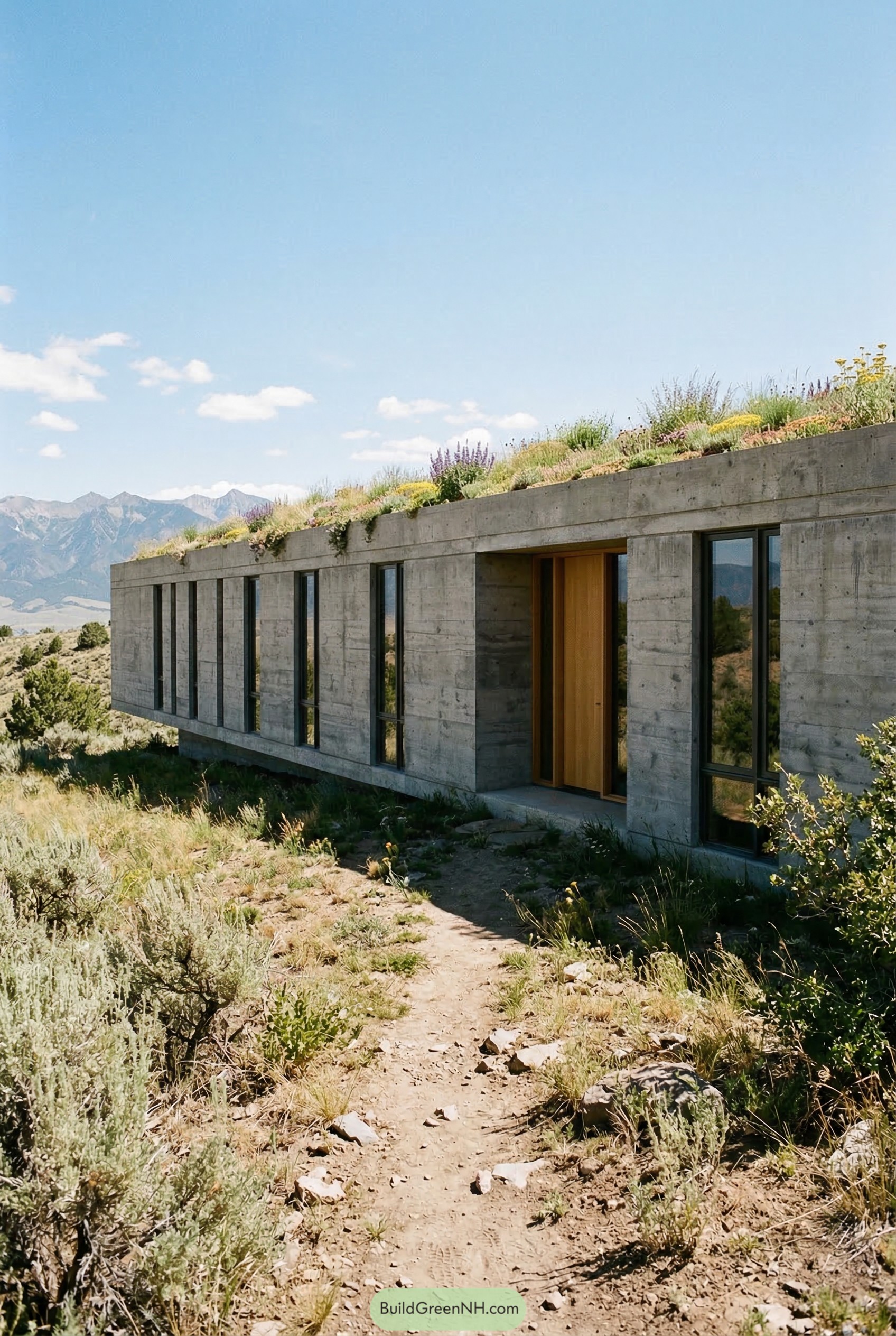 Concrete longhouse with planted roof in desert hills