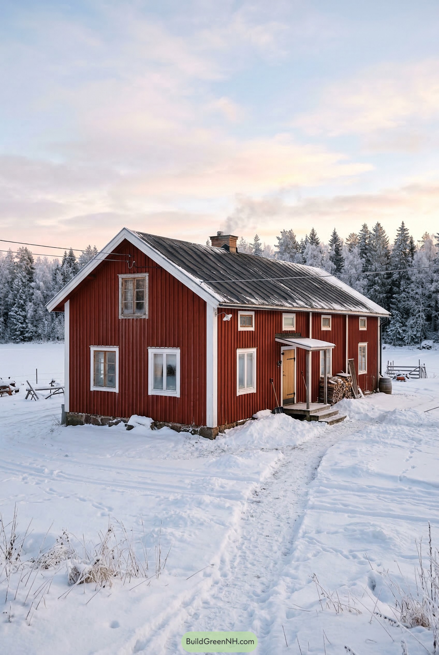 Red timber longhouse in a snowy field