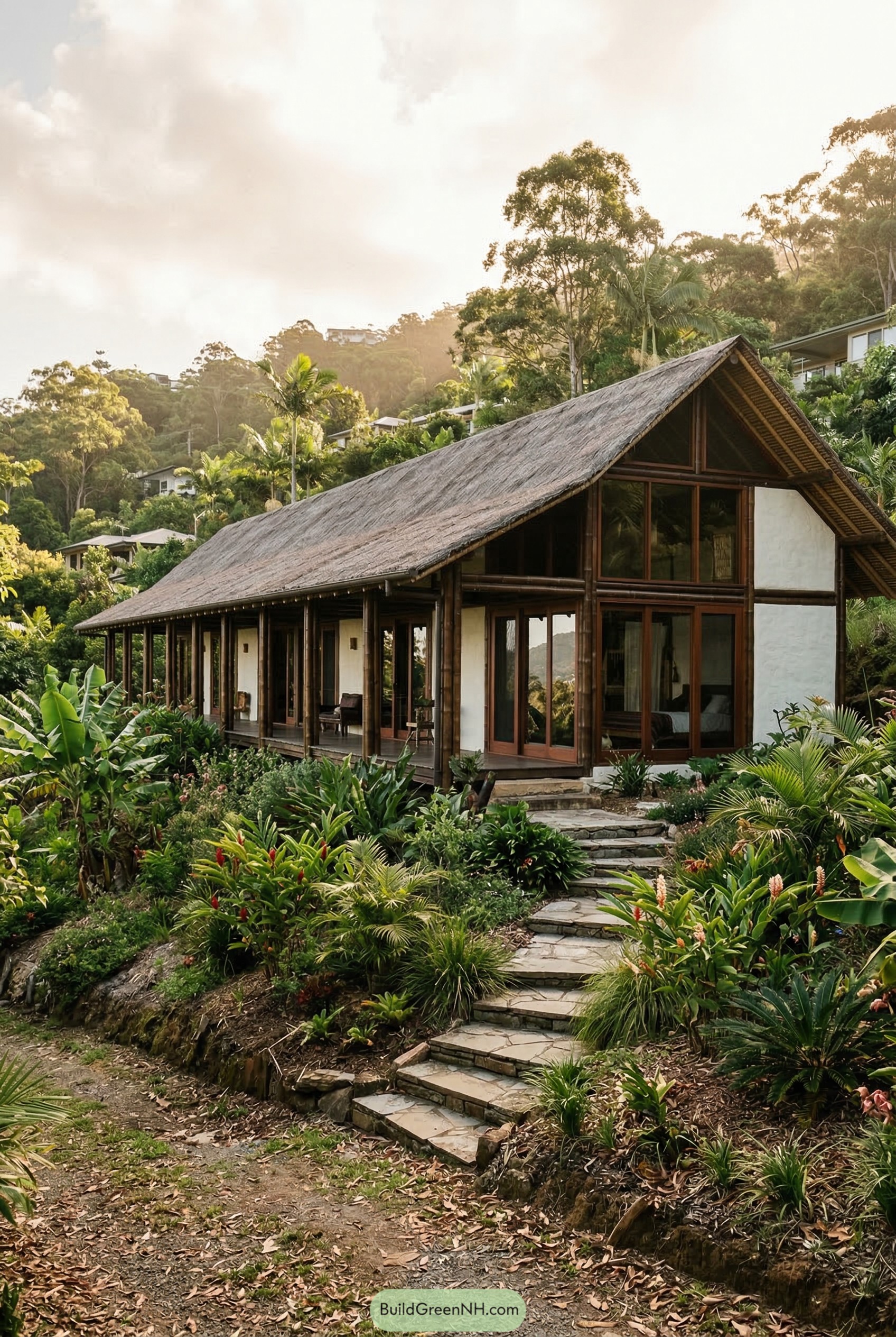Tropical thatched longhouse on a lush hillside
