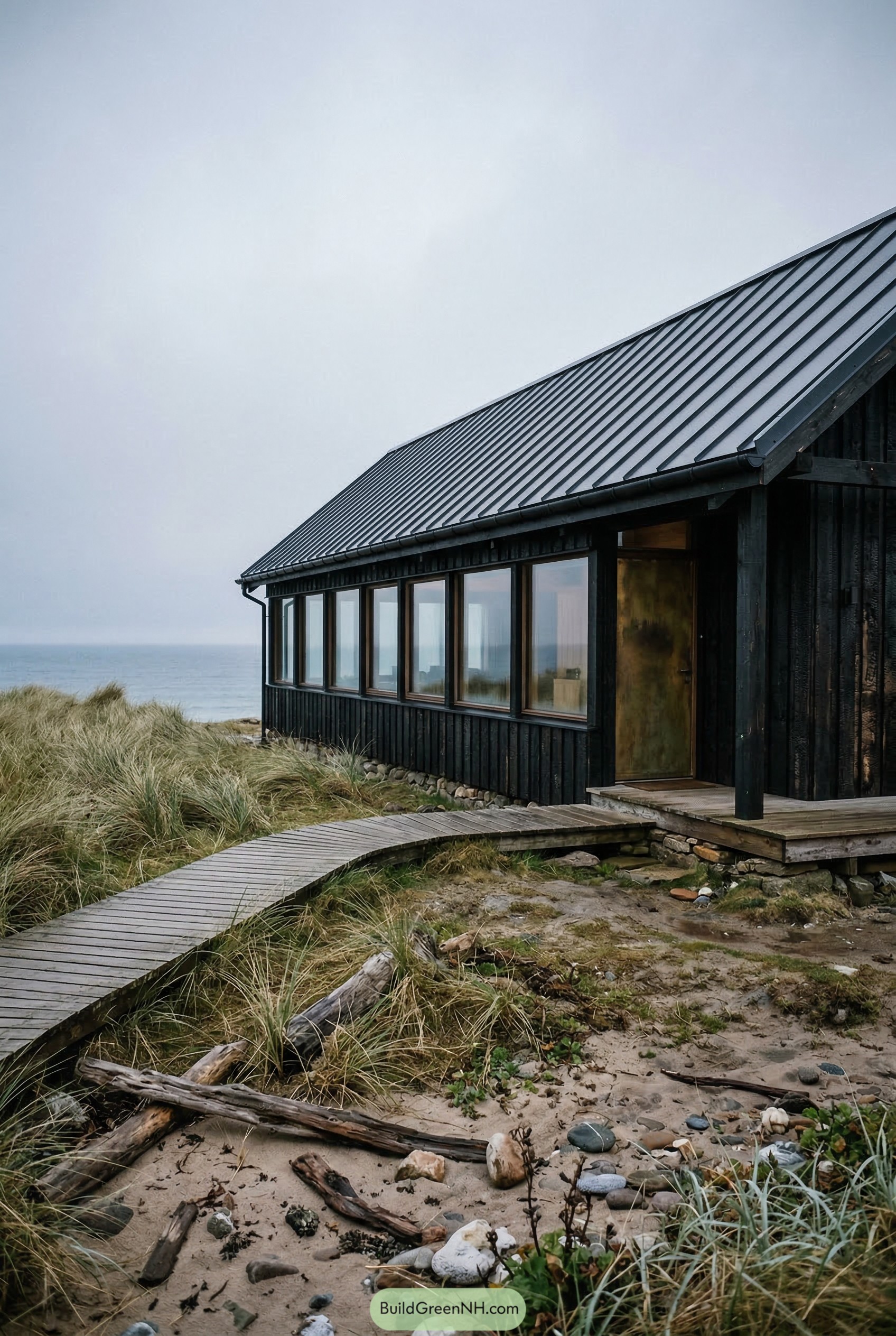 Black coastal longhouse beside dunes and sea