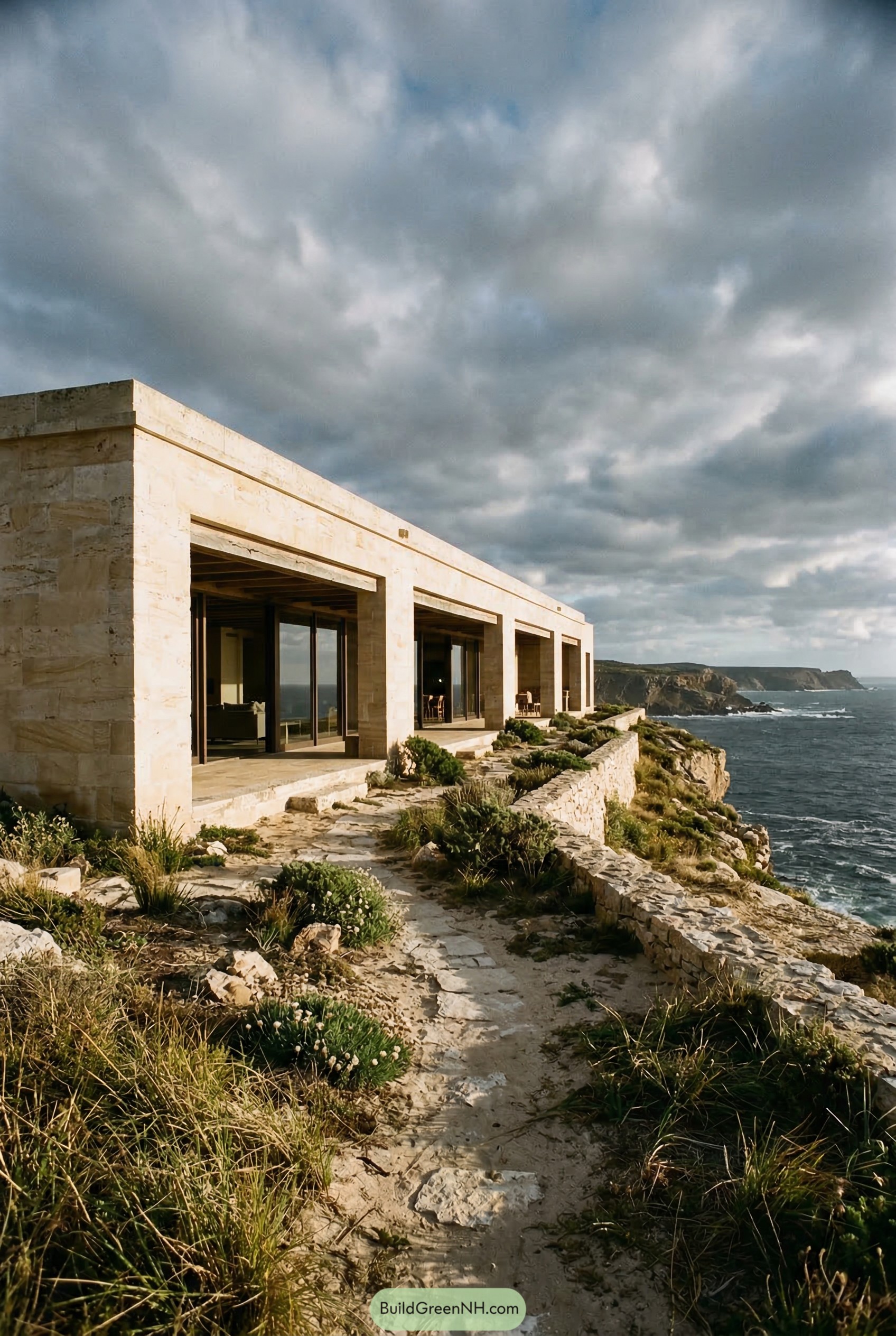 Modern stone longhouse on a sea cliff