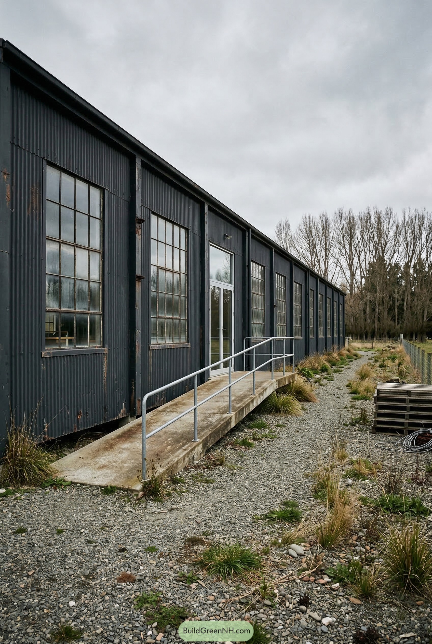 Dark corrugated longhouse with steel windows