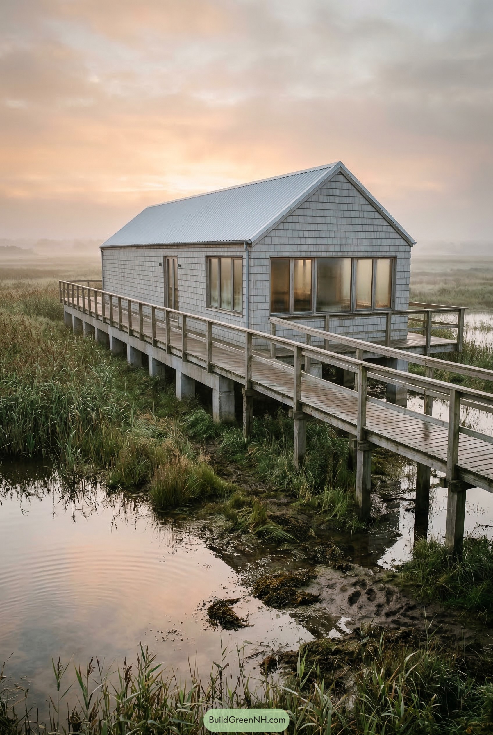 Shingled stilt house with boardwalk over marsh