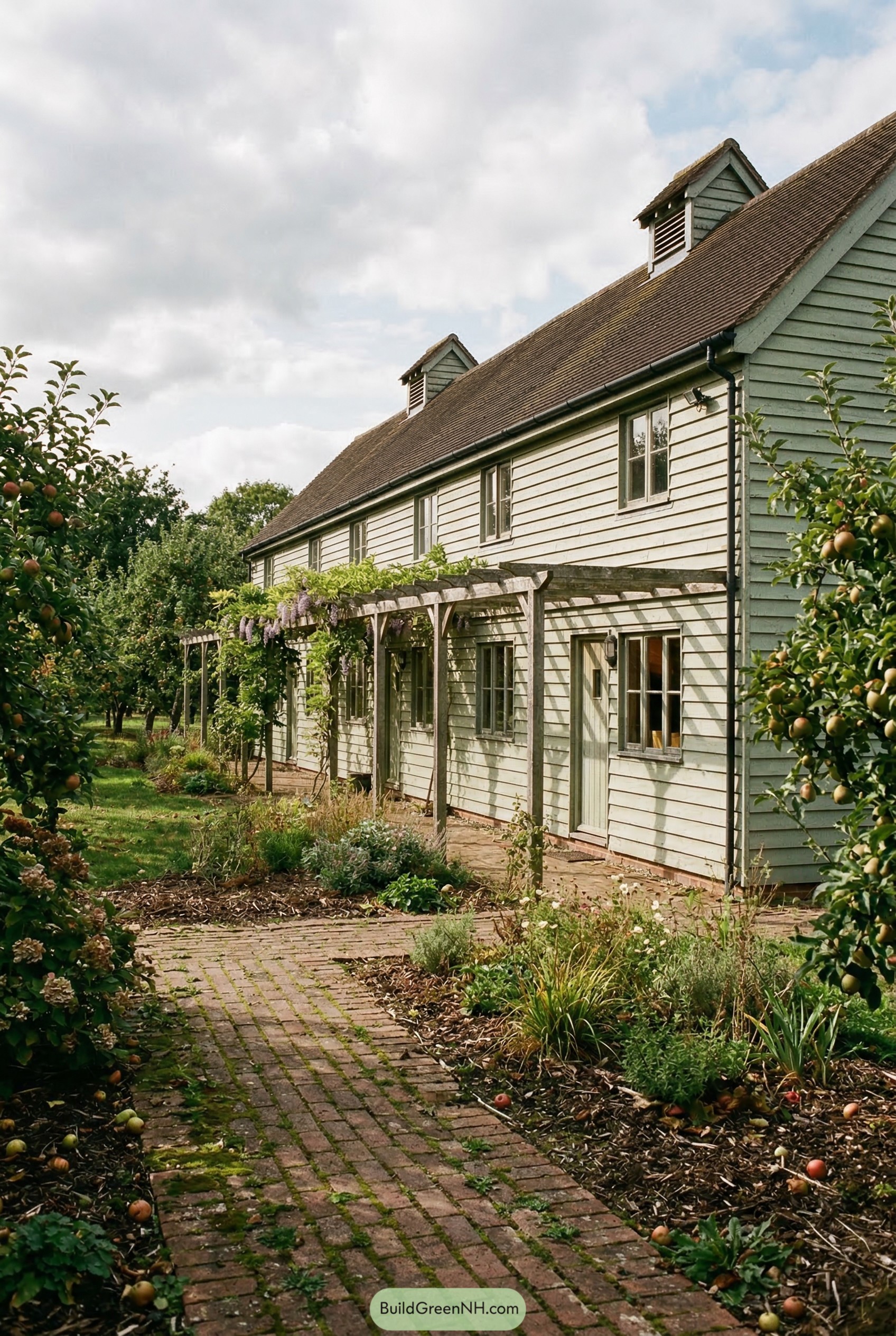 Long weatherboard longhouse with orchard pergola