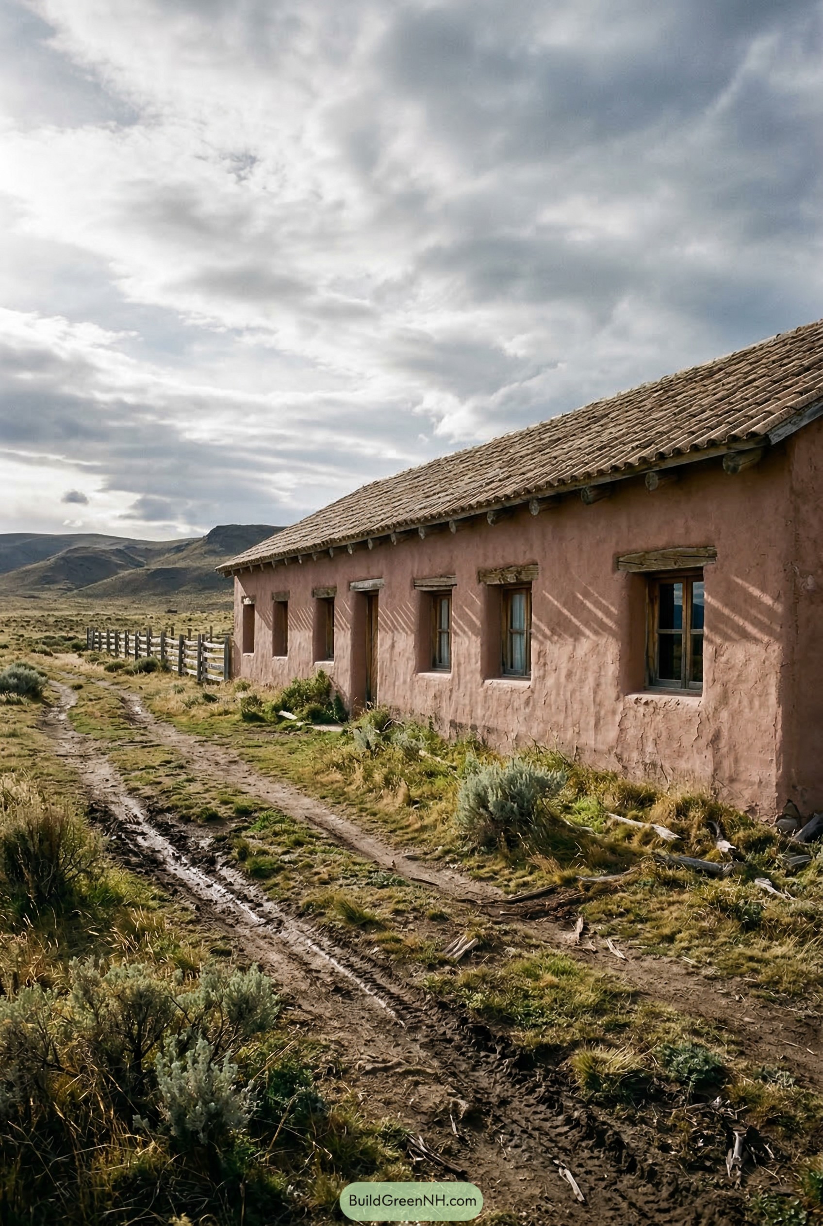 Long adobe hall with clay tile roof on open scrubland