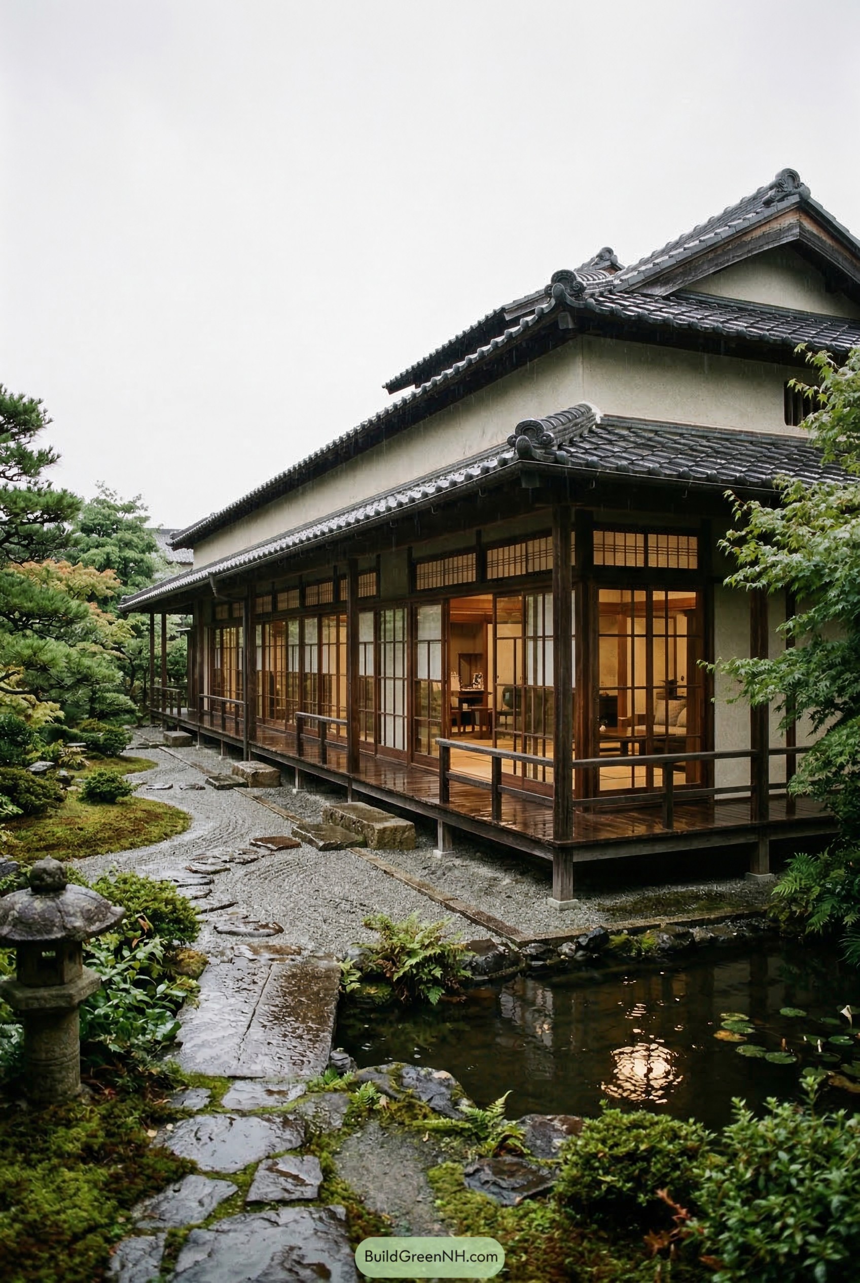 Traditional Japanese longhouse with tiled roof beside pond