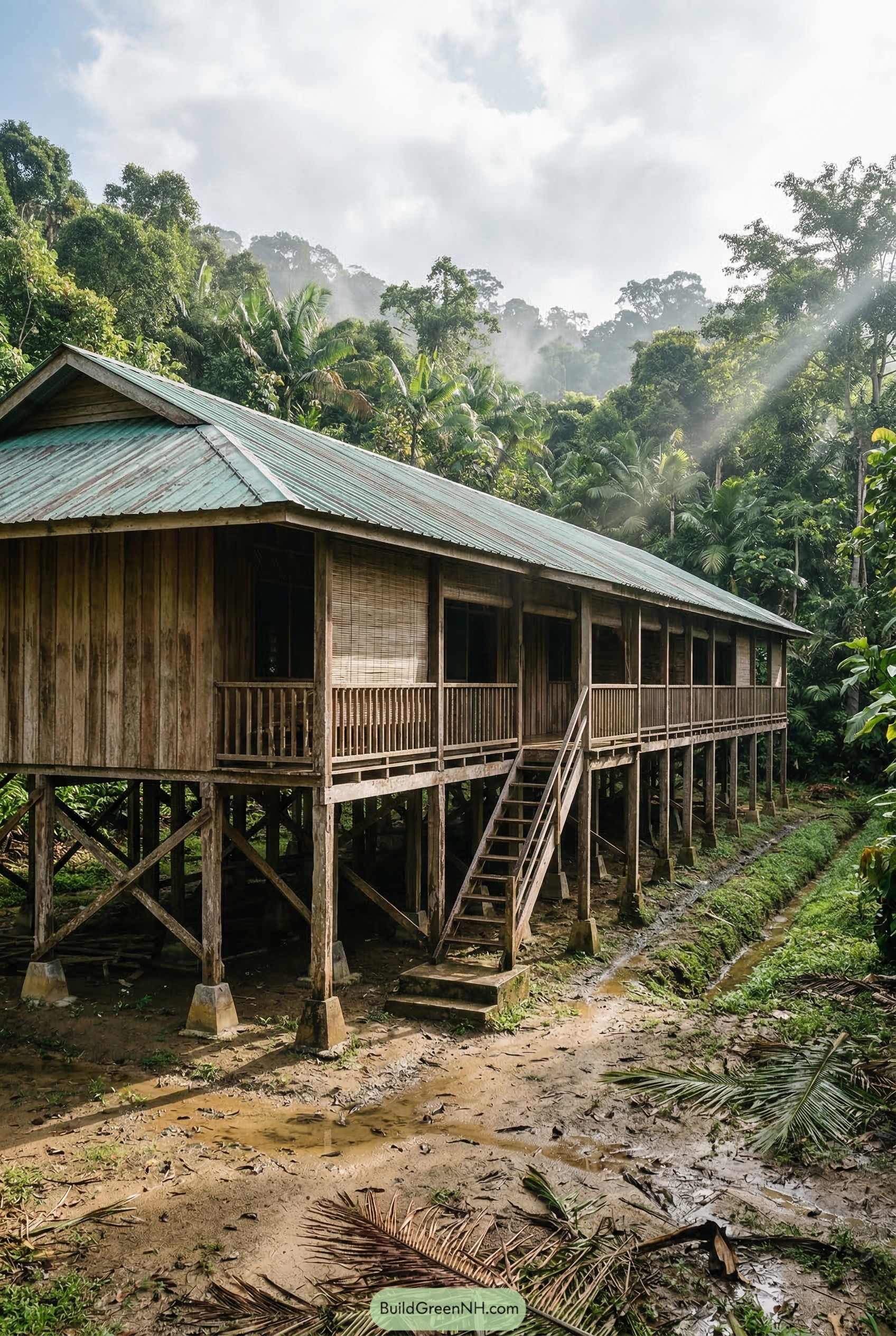 Raised wooden longhouse in rainforest
