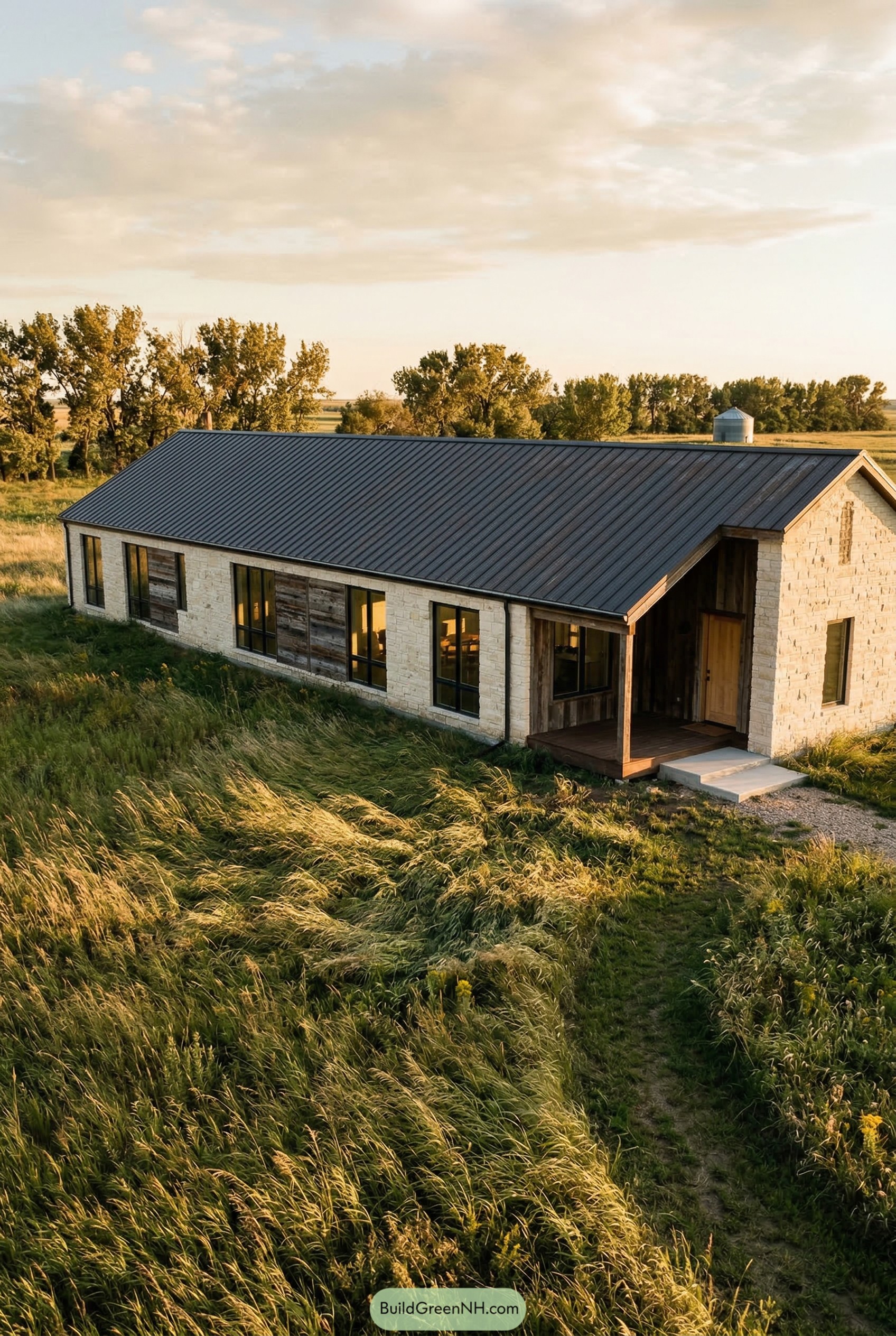 Long stone house with black metal roof in tall grass