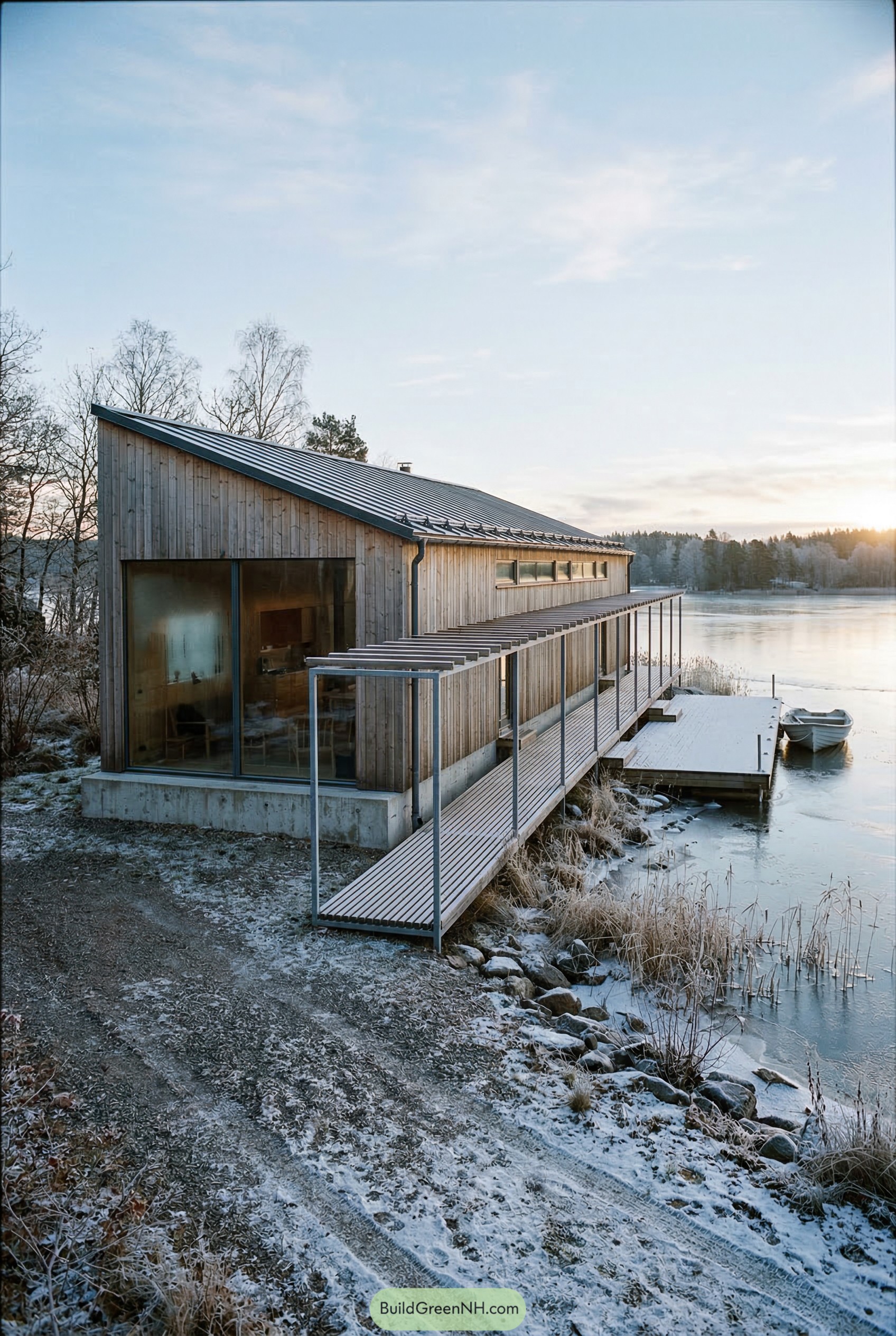 Timber longhouse with dock on an icy lake
