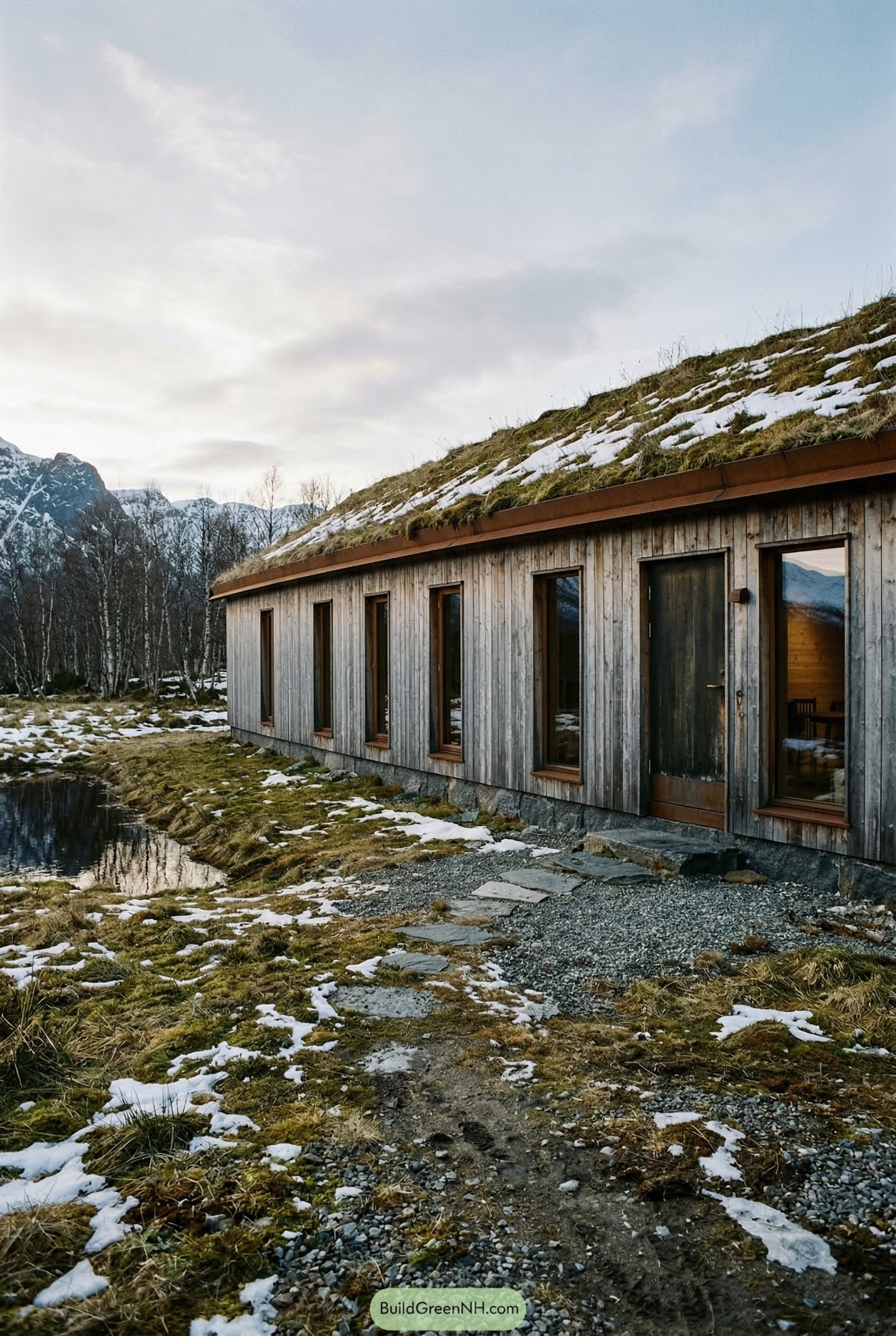 Timber longhouse with sod roof in snow