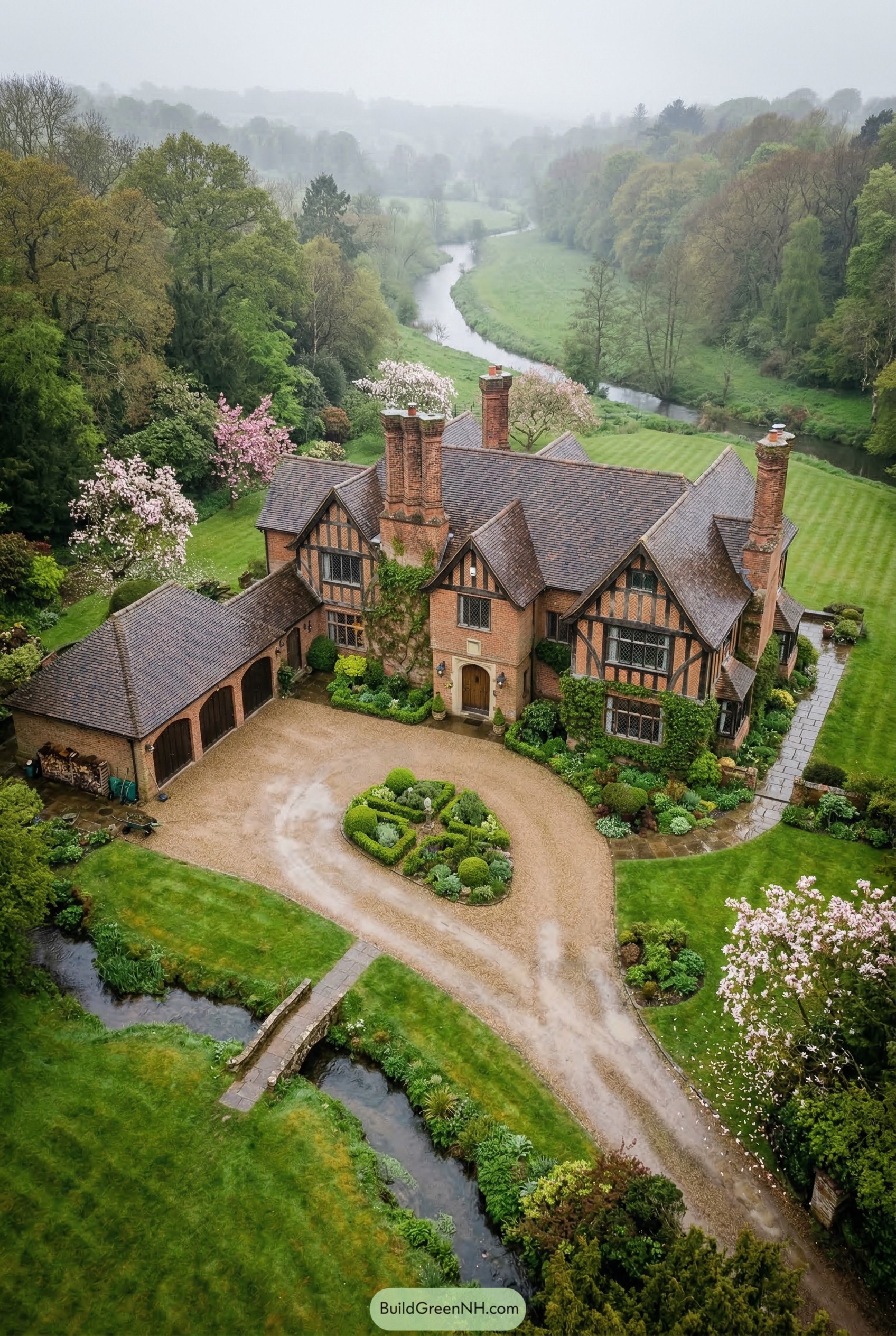 Aerial view of a Tudor manor beside a winding river