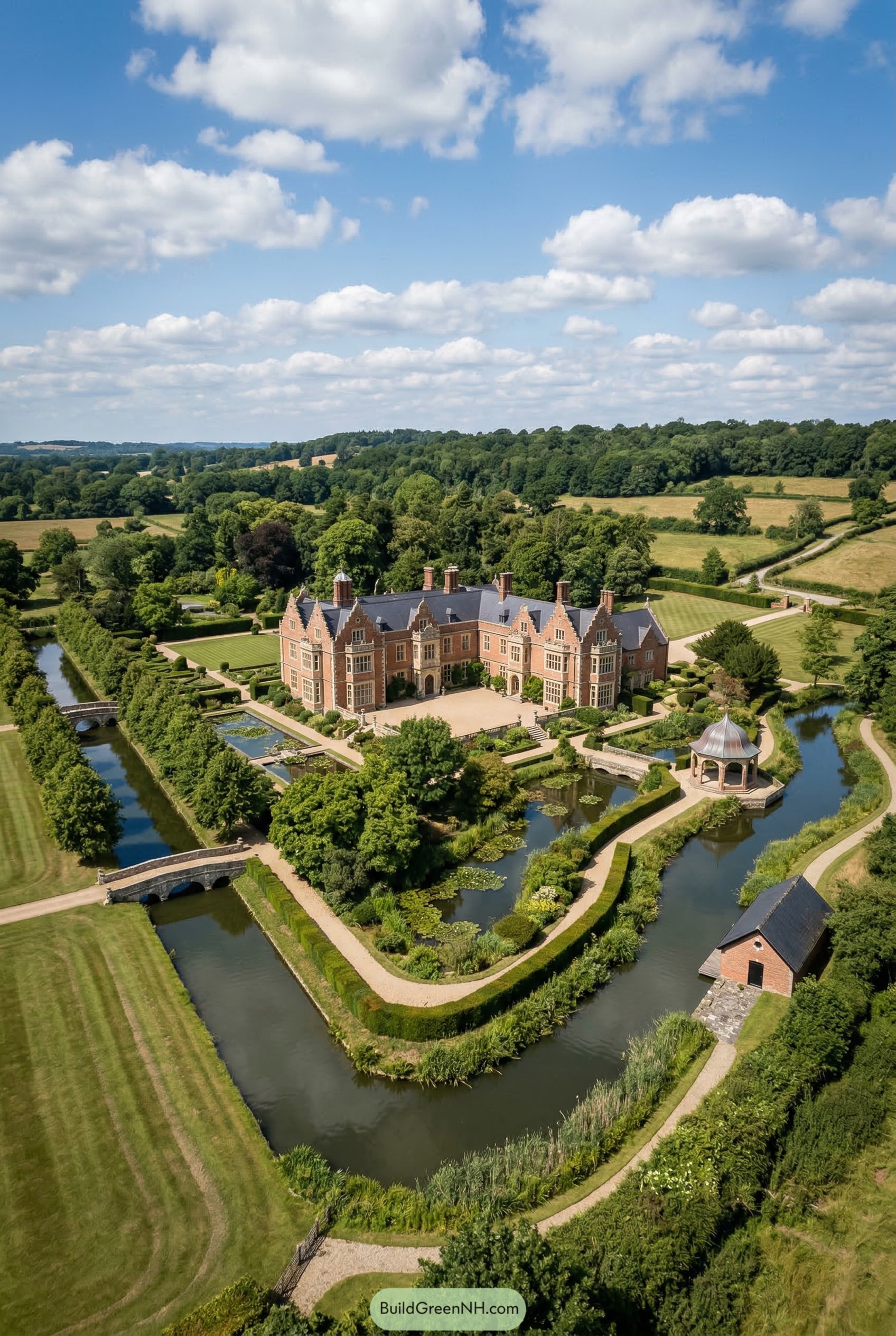 Moated brick manor with formal gardens