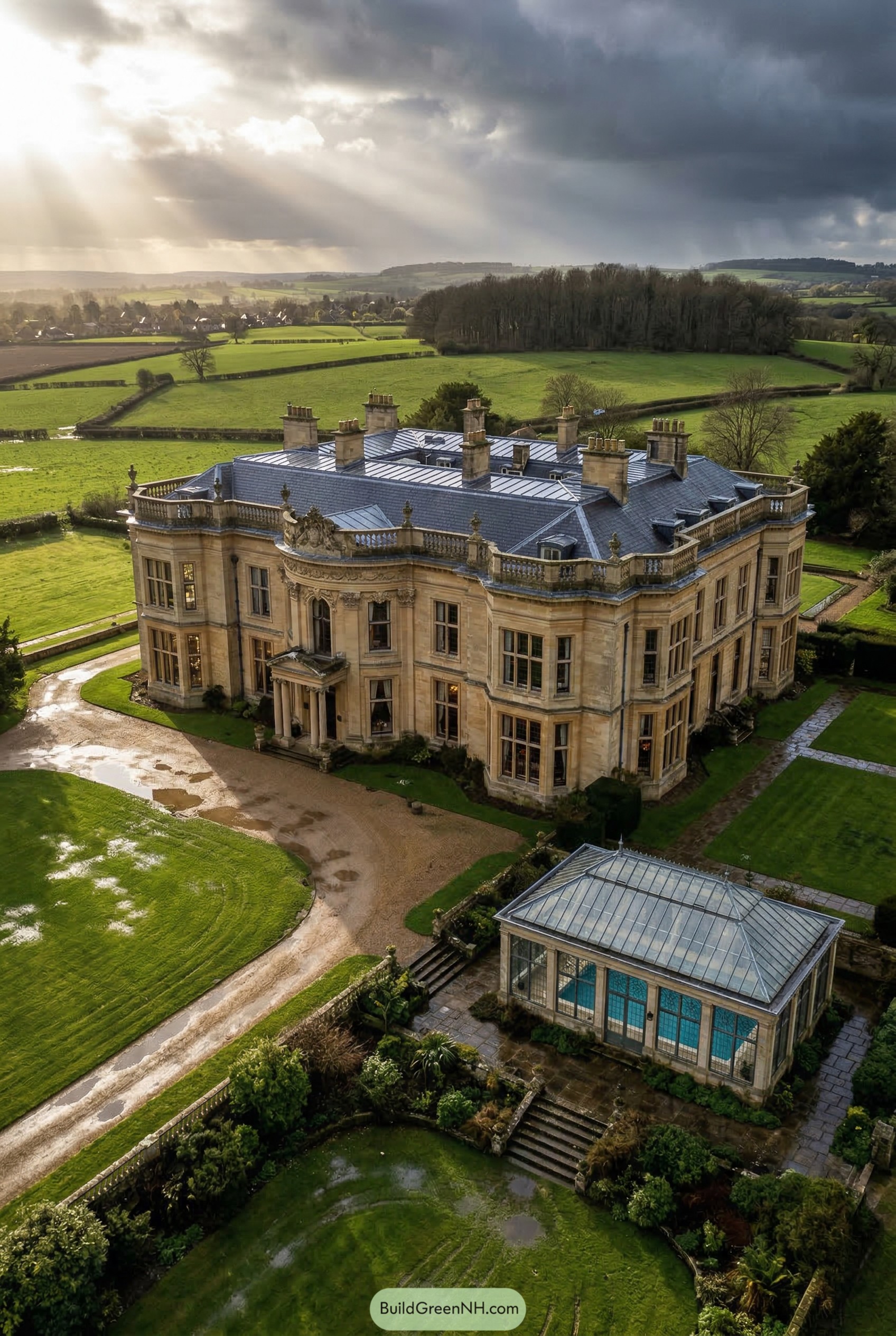 Aerial view of limestone Regency manor with orangery