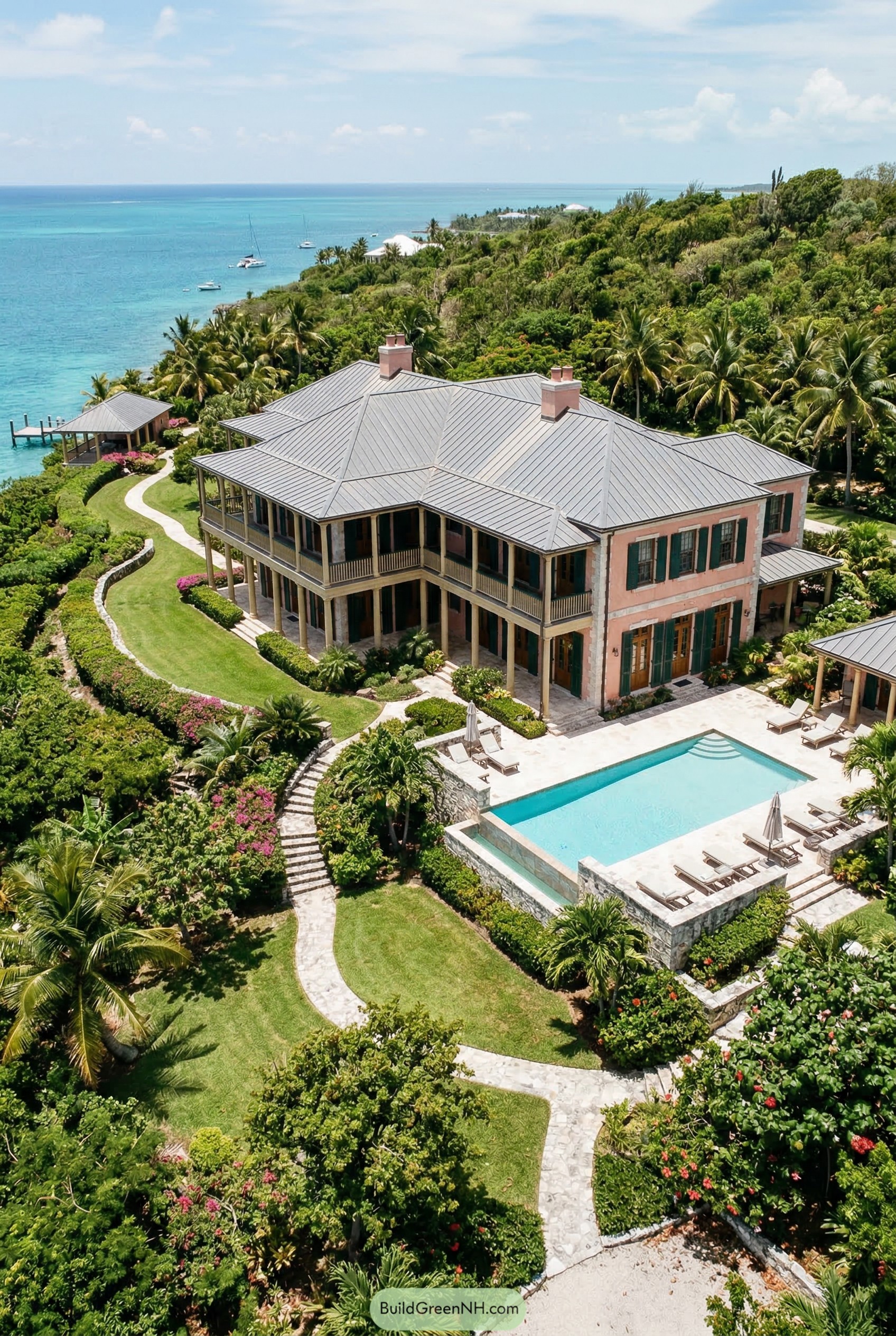 Pink coastal estate with wraparound verandas and pool