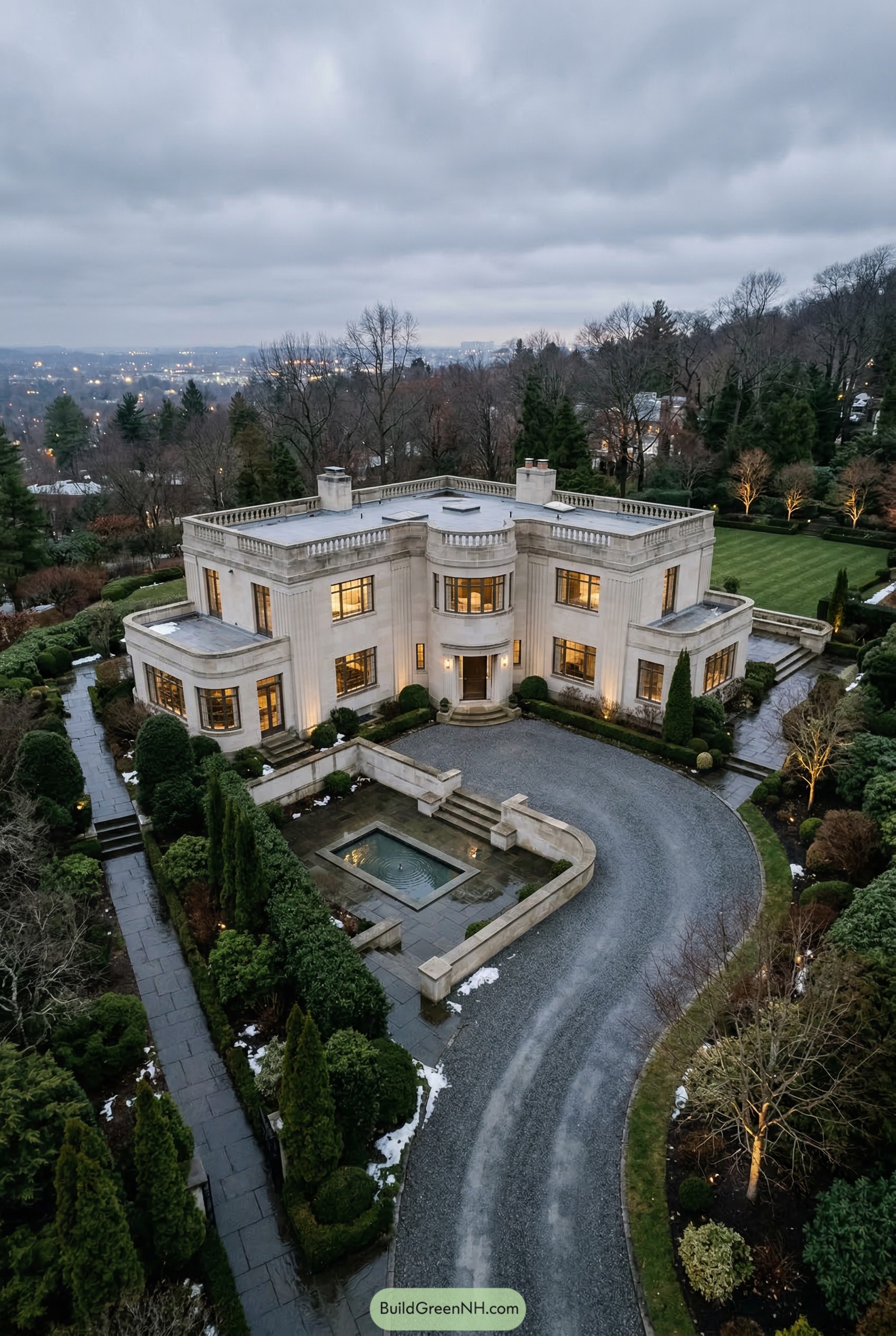 Hilltop limestone mansion with curved drive and fountain
