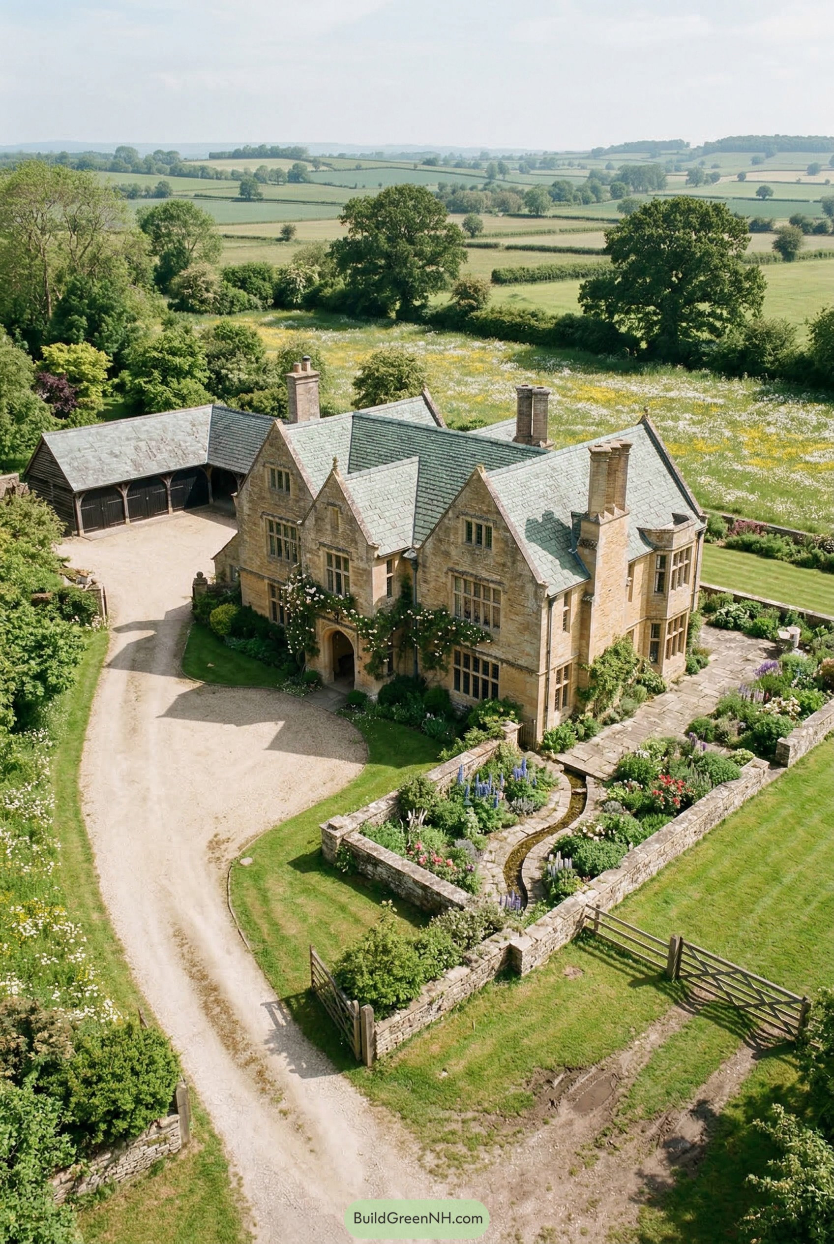 Aerial view of a stone country house with walled garden