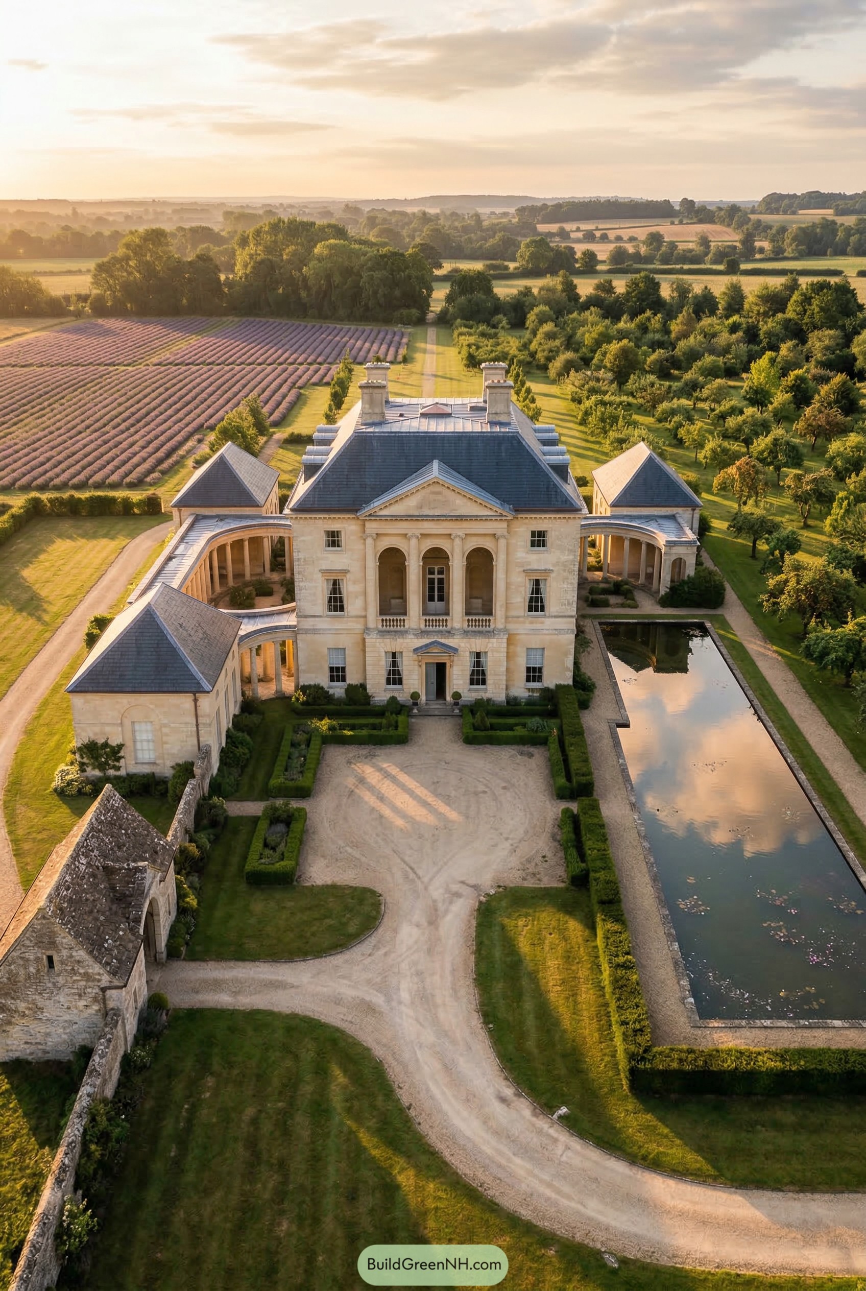 Aerial view of a French limestone estate with curved colonnades and a reflecting pool