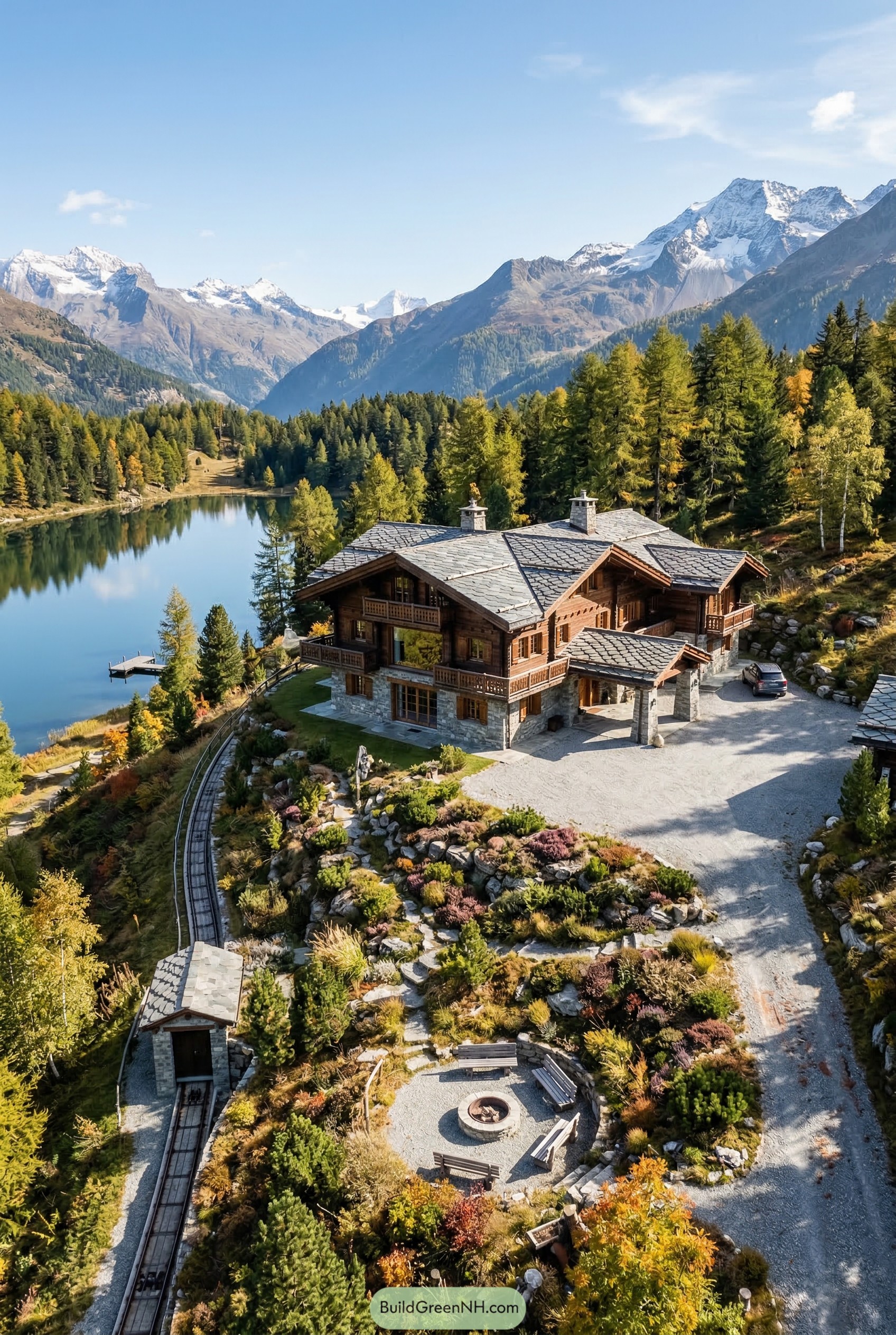 Timber alpine chalet overlooking a mountain lake