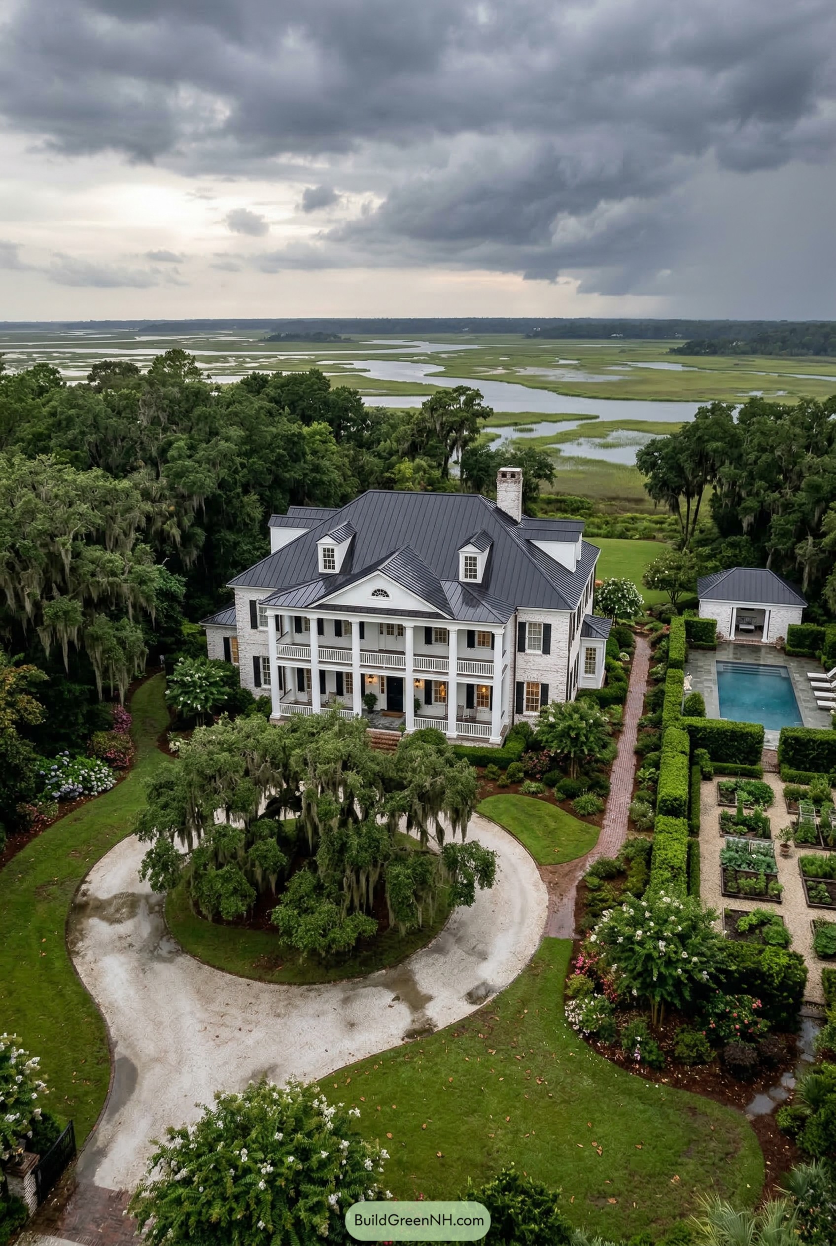 White columned manor with marsh views and formal garden