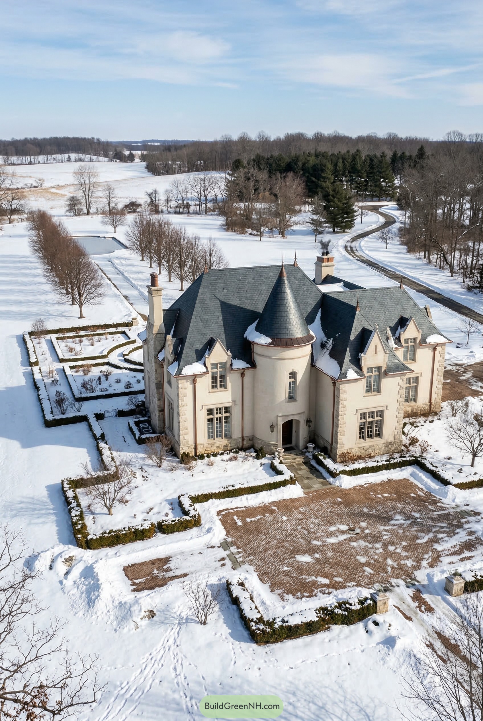 Pale stone manor with turret in snow